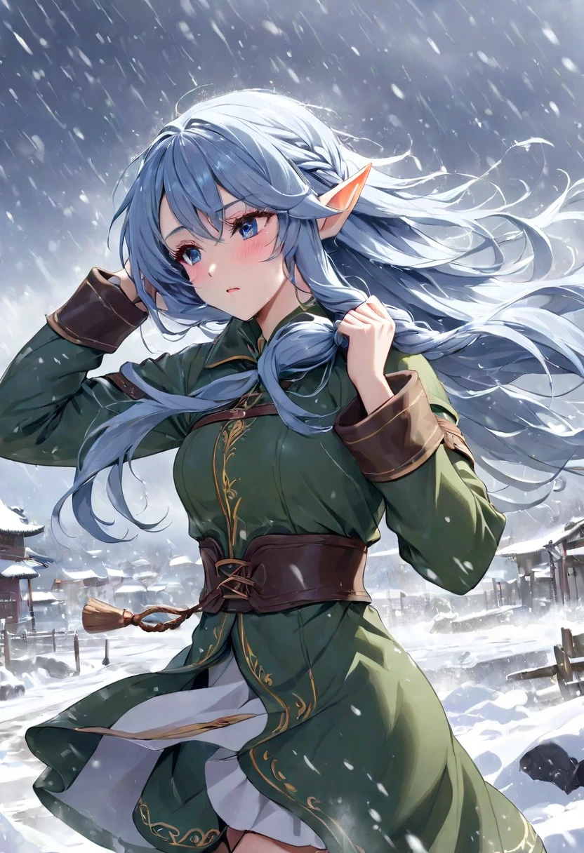 A beautiful elf holding down her hair with her hands when being hit by strong winds such as a blizzard, ((Outdoor))