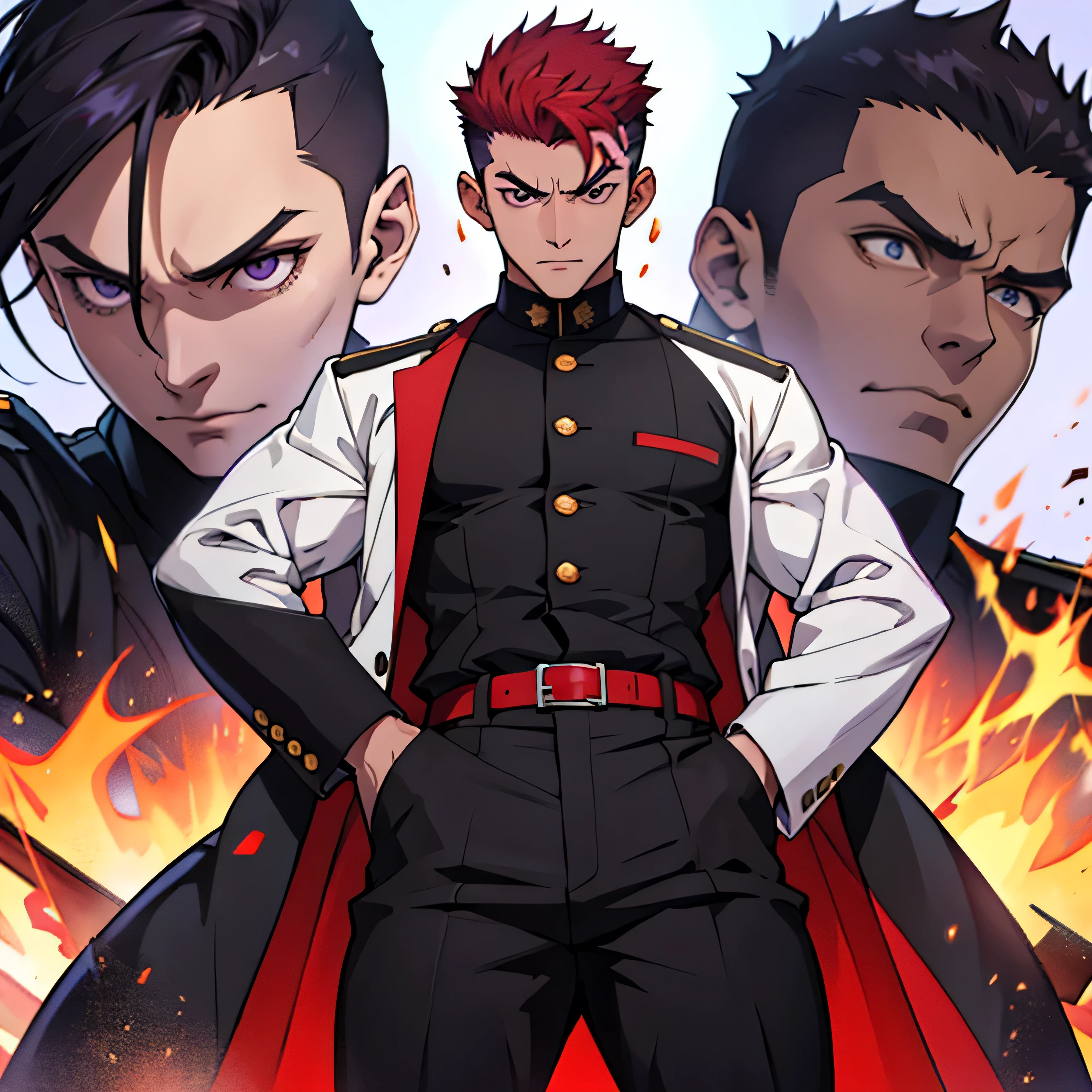 Age 25,, Purple military uniform、 black slim pants , black belt、cool battle pose、Spread your legs wider,black belt,logic, Gay , red hair, short hair on the side of the uniform, thick eyebrows,The eye is a blind spot、 Lightly Set Your Hair with Wax 、Masculine,salaryman,Mob characters,bad student、View from below Menacing look face up
