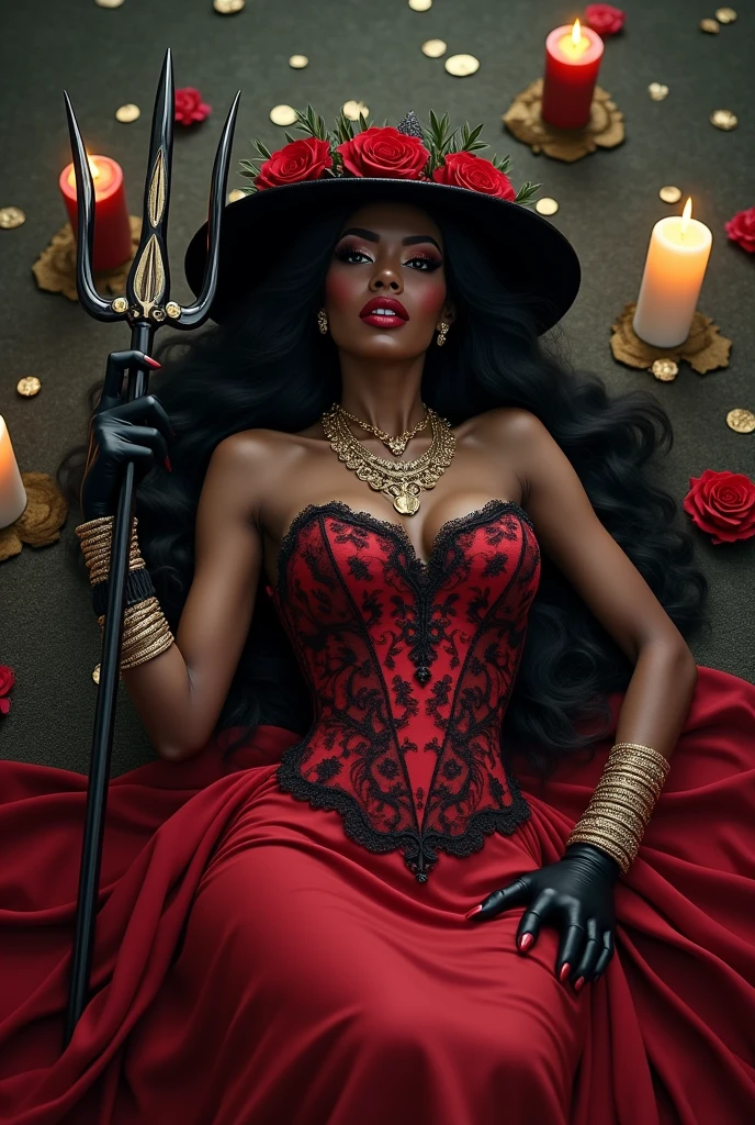 Dark-skinned woman with light skin and dark hair. Wearing a queen's crown Slightly sexual body. Wearing a low-cut red dress. Wearing a thin gold necklace with a pendant that says "Dona 7" He's holding a golden trident with red gemstones in one hand and a cigarette in the other.