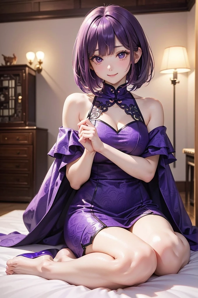 vibrant colors, seductive smile, makeup, female, solo, masterpiece, ((HDR)), best quality, sharp focus, absurdres extremely, intricate details, depth of field, cinematic lighting, hairornament, ((blueish violet hair)), ahoge, bang, short hair, red eyes, sleeveless, sweater dress, pantyhose, medium breasts, curvy, gleaming skin, shiny skin, glossy skin, close up brasts, indoors, lying, lying on stomach, bedroom,