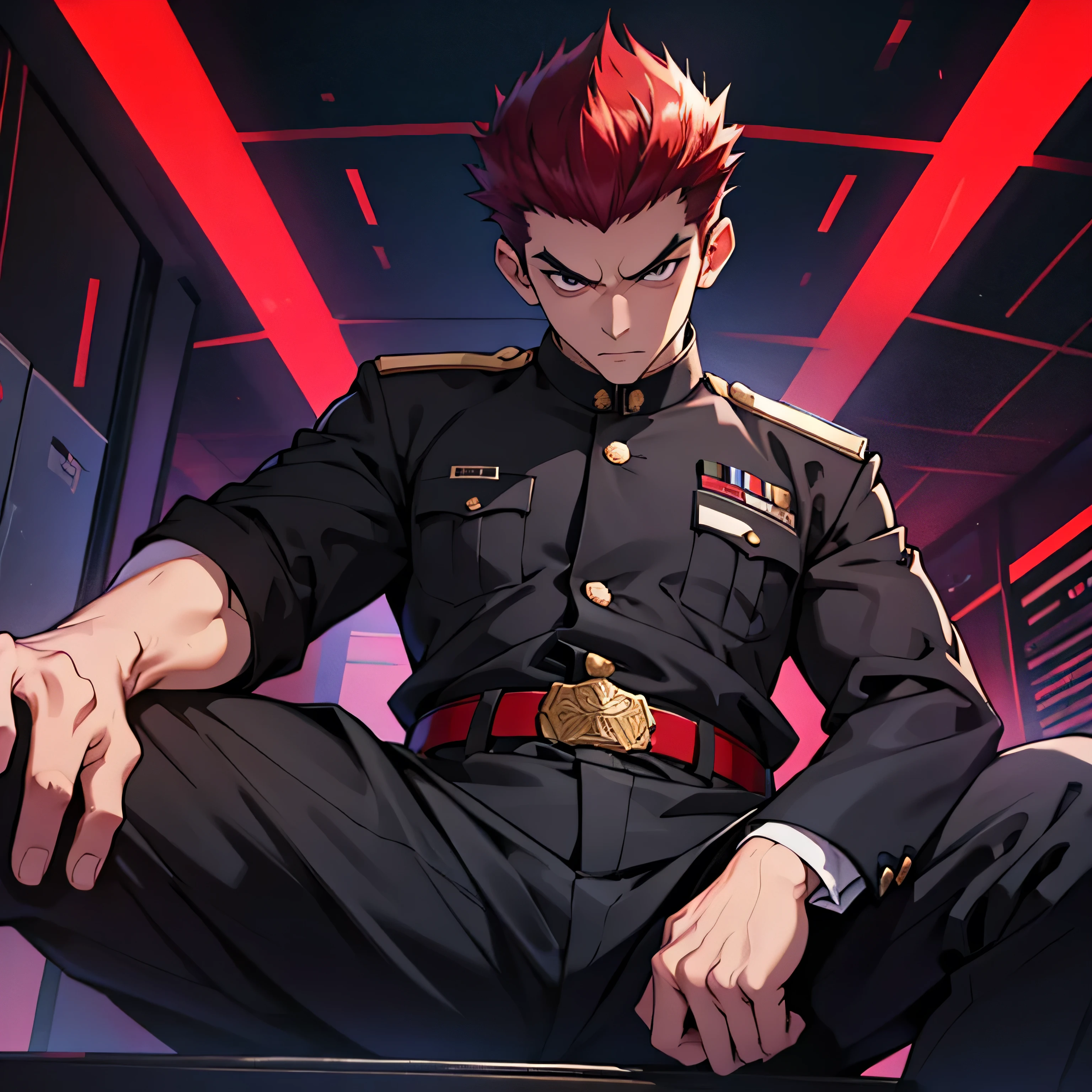 Age 25,, Purple military uniform、 black slim pants , black belt、cool battle pose、Spread your legs wider,black belt,logic, Gay , red hair, short hair on the side of the uniform, thick eyebrows,The eye is a blind spot、 Lightly Set Your Hair with Wax 、Masculine,salaryman,Mob characters,bad student、View from below Menacing look face up