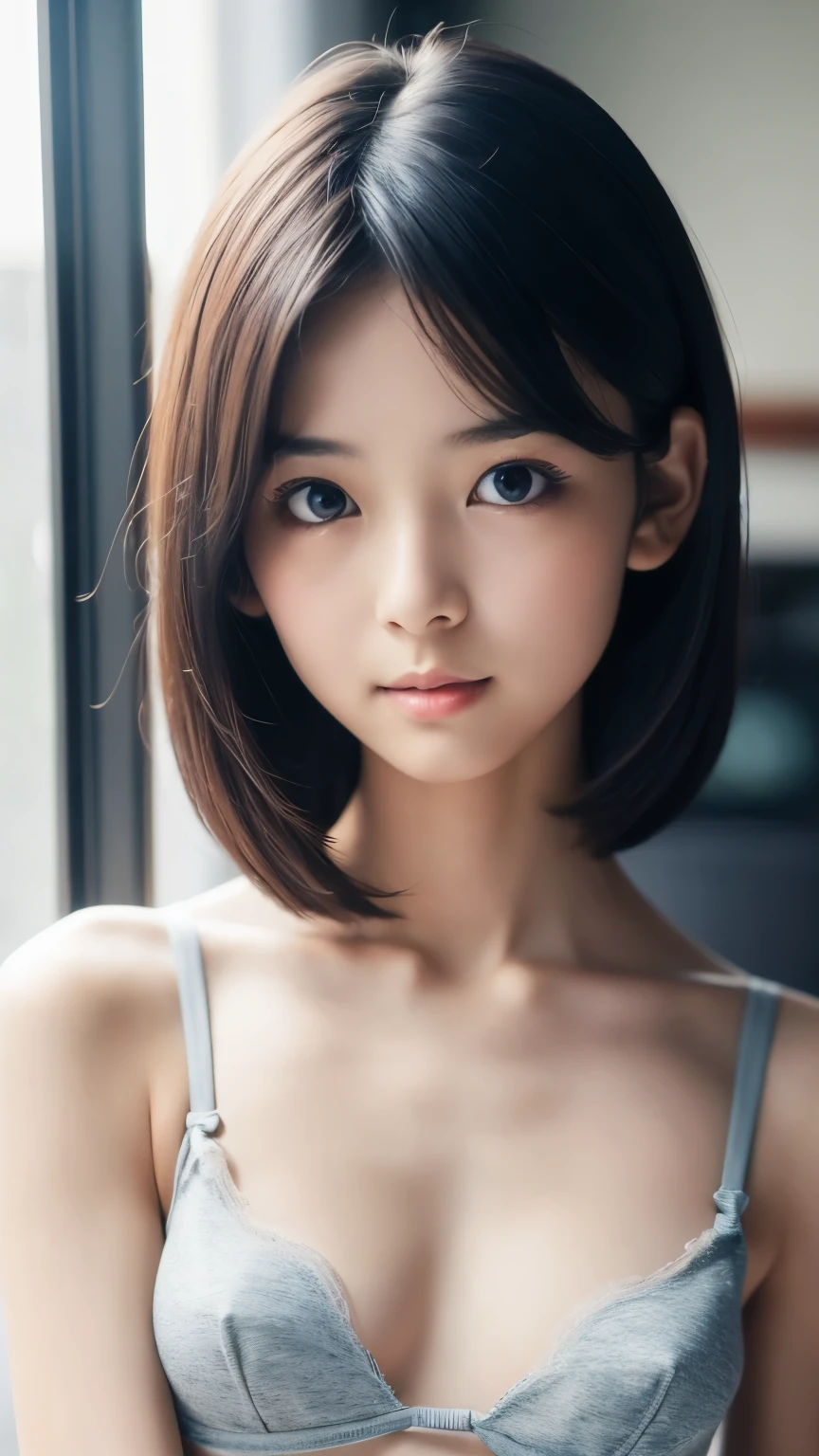 ((( Standing Pose ))),((Staring straight ahead)), skinny  ((Thin lips, flat chested,Small Bust, skinny)),Small breasts, Play,Japanese, Petite women, gentle smile , in underwear, long gaze , Age 30, ( nasolabial fold ,Mouth wrinkles,Wrinkles around the eyes),Airy bob hair, necessity,  best quality  ,  detailed skin,  detailed face ,  detailed eyes on board, 8k, Accurate body, 
