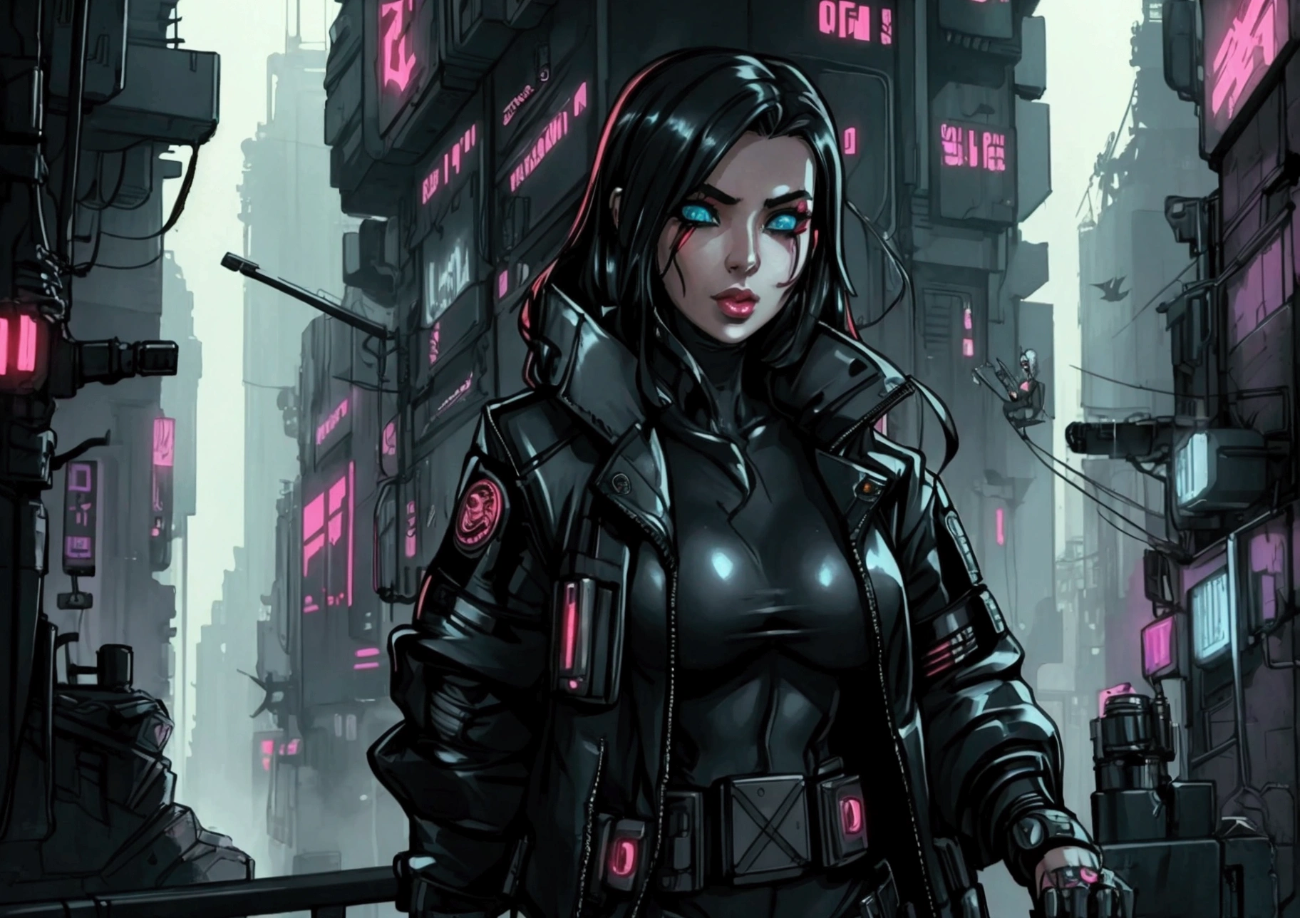 Sexy cyberpunk girl with a dystopian blade runner-style futuristic cyberpunk city 
