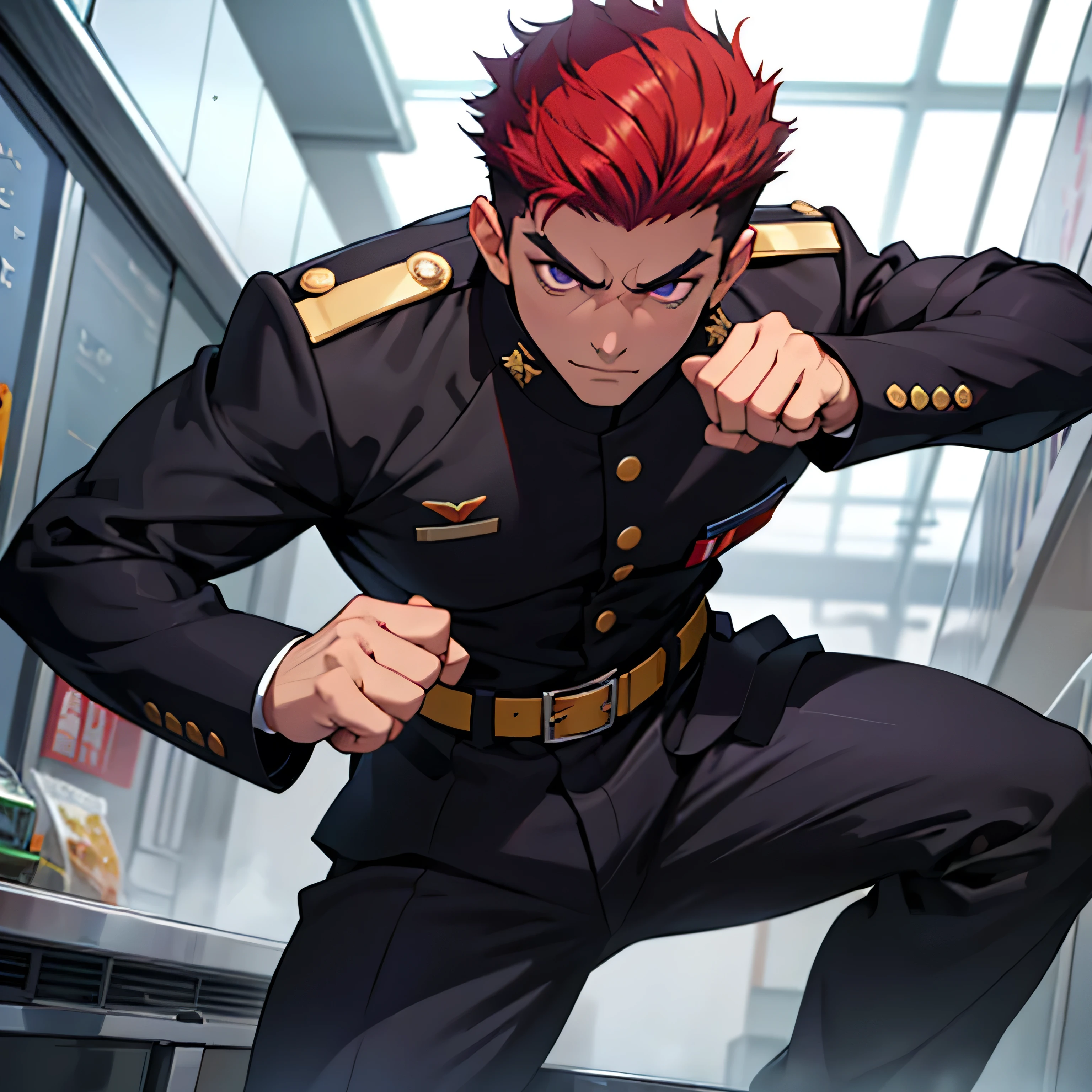 Age 25,, Purple military uniform、 black slim pants  , black belt、cool battle pose、Spread your legs wider,black belt,logic, Gay , red hair, short hair on the side of the uniform, thick eyebrows,The eye is a blind spot、 Lightly Set Your Hair with Wax 、Masculine,salaryman,Mob characters,bad student、View from below　Menacing look　 face up