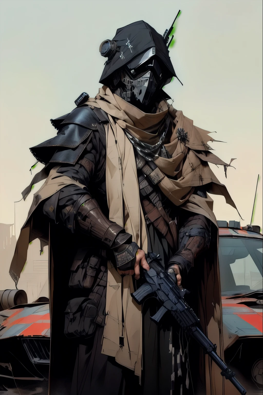 a perched atop an overturned car, standing to the right, militia/soldier, at attention, wearing tattered matching robes, has a black mask with a chain veil attached to it that completely conceals face, wears a tight pointy cowl, goggles, hood, has torn and tattered robes underneath scrappy leather armor, tattered shoulder cape similar to a simar, holding a long rifle with both hands, leather wrap bracers around forearms. flat shading, drawing outlines, apocalyptic