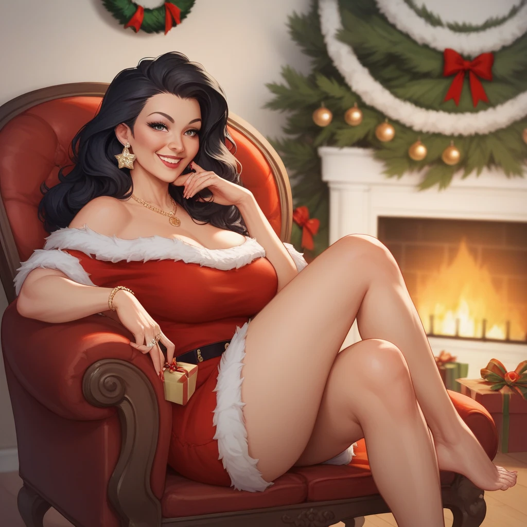 , sozinho, cabelos longos, cabelo azul escuro, Luvas, bareshoulders, olhos verdes, elbow Luvas, lips, Natal, santa hat, red Luvas, Traje de Papai Noel, Realistic, in cozy Natal workshop, Skimpy, colorido, alto contraste, fundo intrincado, pele altamente detalhada, 8k, UHD,(SFW),Selos Postais Vintage, massive breasts