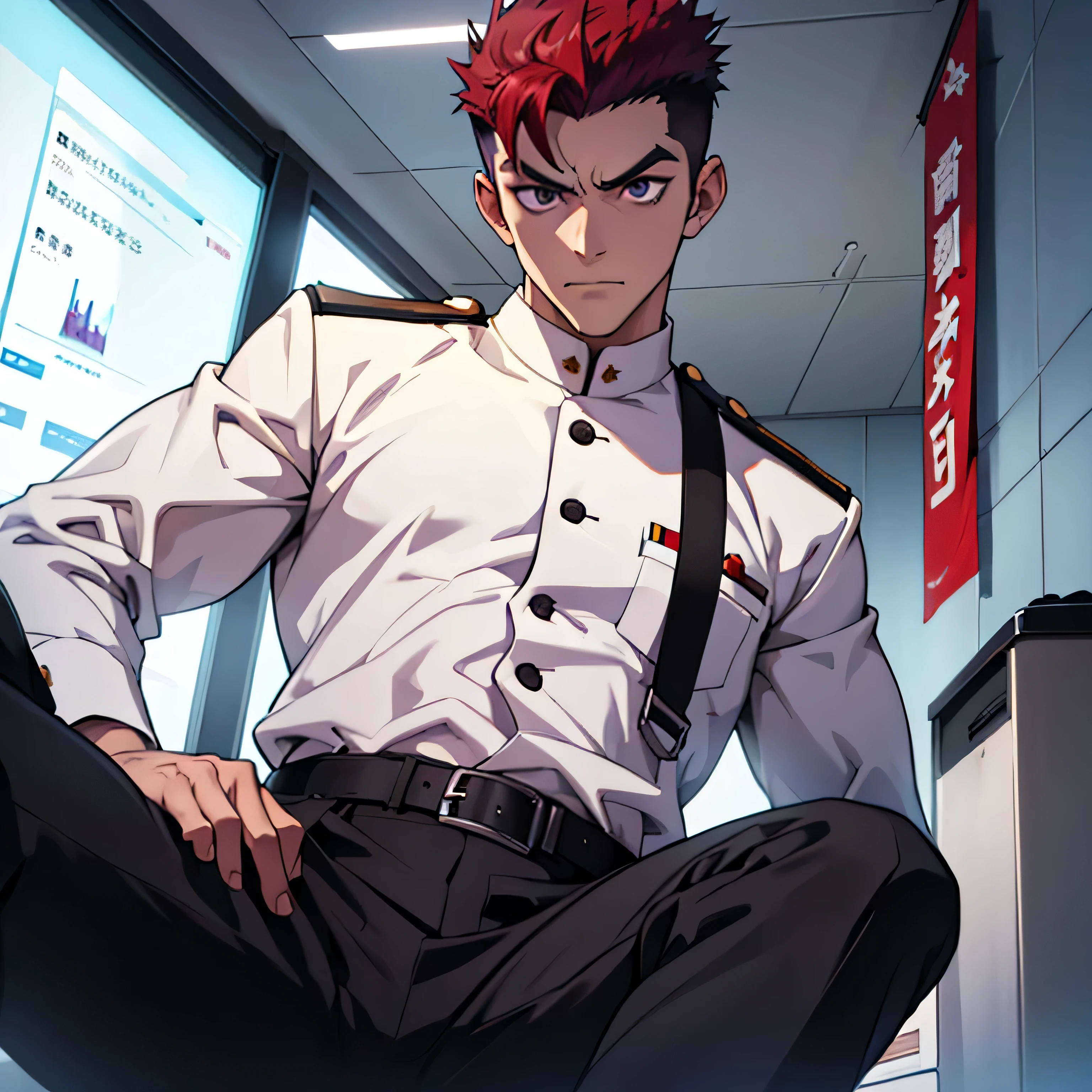 Age 25,, Purple military uniform、 black slim pants  , black belt、cool battle pose、Spread your legs wider,black belt,logic, Gay , red hair, short hair on the side of the uniform, thick eyebrows,The eye is a blind spot、 Lightly Set Your Hair with Wax 、Masculine,salaryman,Mob characters,bad student、View from below　Menacing look　 face up