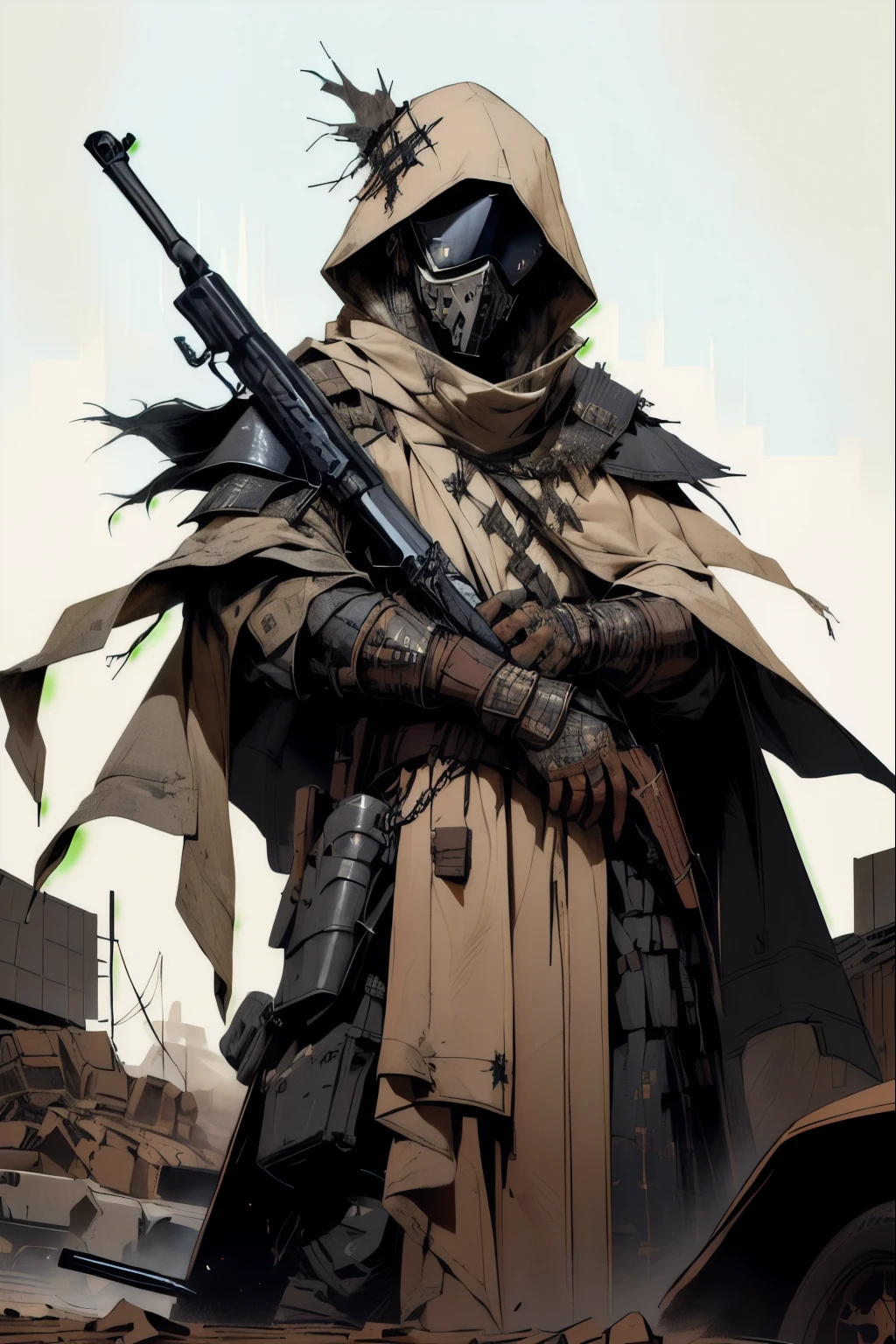 a perched atop an overturned car, standing to the right, militia/soldier, at attention, wearing tattered matching robes, has a black mask with a chain veil attached to it that completely conceals face, wears a tight pointy cowl, goggles, hood, has torn and tattered robes underneath scrappy leather armor, tattered shoulder cape similar to a simar, holding a long rifle with both hands, leather wrap bracers around forearms. flat shading, drawing outlines, apocalyptic