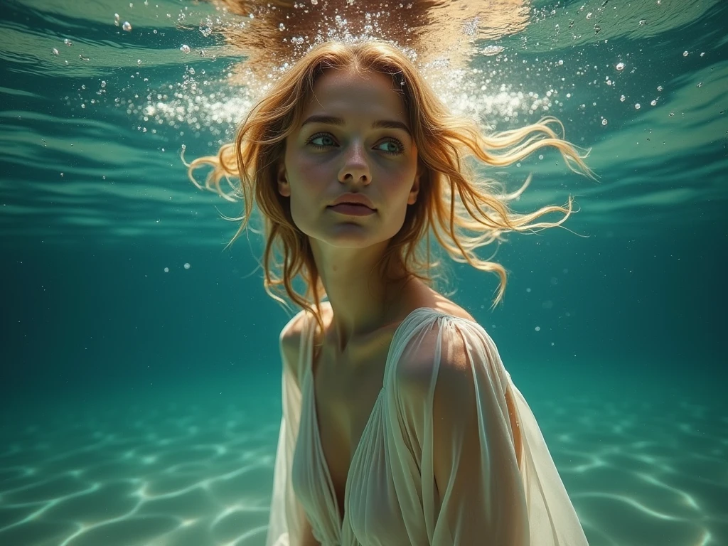 luzerne fashion x rays of light by sebastian rossetti, in the style of yigal ozeri, ursula von rydingsvard, calm waters, white woman, emek golan, terracotta, hyper-realistic water --ar 101:128 --v 6.0 --style raw
