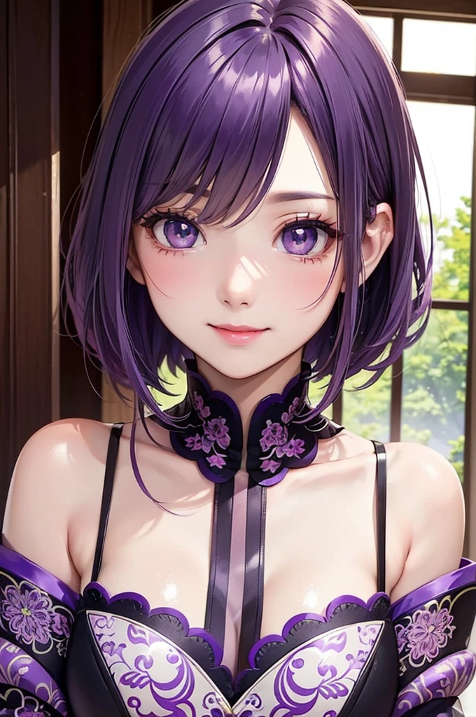 (((Masterpiece、Ultra high definition、Ultra HD、8K Quality)))、(((A woman in a purple micro bikini))), (((Purple Hair、Updo)))、Purple Eyes、((Bangs))、Pink Lips、tiara, scenery, Sexy expression, ((Very detailed)), (Perfectly detailed face), (Detailed and well-drawn hand) 、Very large breasts、Cute Smile、Photorealistic images 、 (((Picture from the waist up)))、Earrings、bracelet、ring