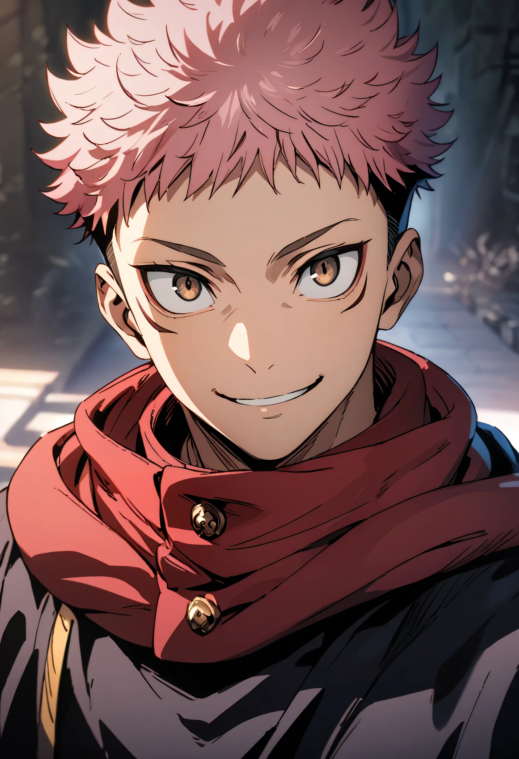 masterpiece, best quality, 1boy, itadori yuuji, pink hair, spiked short hair, undercut, brown eyes, facial mark, red hoodie, gakuran, jacket, upper body, solo, looking at viewer, smile, simple background best quality, high resolution, distinct image, Cinematic light, intricate_detail, highres, official art, finely detailed beautiful face, high-resolution illustration, 8k, dark intense shadows,  Dynamic Range, tonemapping, crisp details, Beautiful Finger,Beautiful body,Beautiful Nose,Beautiful character design, (perfect eyes), perfect face,expressive eyes,perfect balance, rule of three