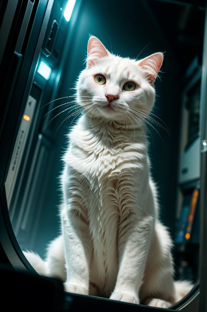 A close-up portrait of a white cat in a parallel universe, hyper detailed, cinematic, dramatic lighting, intricate sci-fi environment, neon lights, floating islands, alien architecture, glowing crystals, volumetric fog, futuristic, highly detailed, photorealistic, 8k, masterpiece, award winning, cinematic composition, dramatic angles, mood lighting, epic scale, sense of wonder, awe-inspiring
