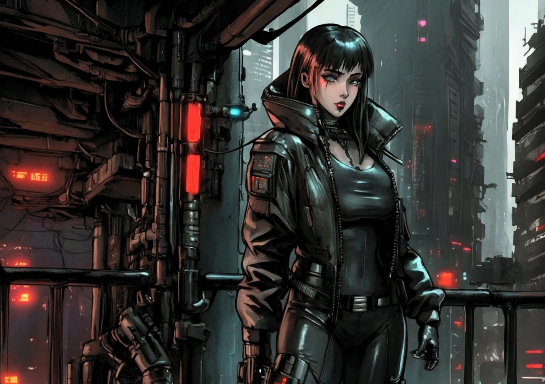 Sexy cyberpunk girl with a dystopian blade runner-style futuristic cyberpunk city
