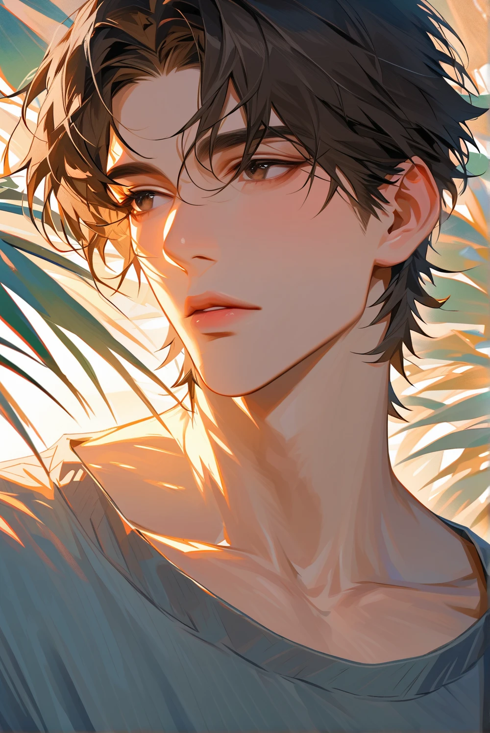 impasto, delicate line drawing, delicate colors, soft colors, masterpiece, beautiful art, art, 1 man, adult male, short hair, leaf mullet, dark brown hair, dark brown eyes, Korean man, skin, full lips, golden hour, golden shine, handsome, face up, 