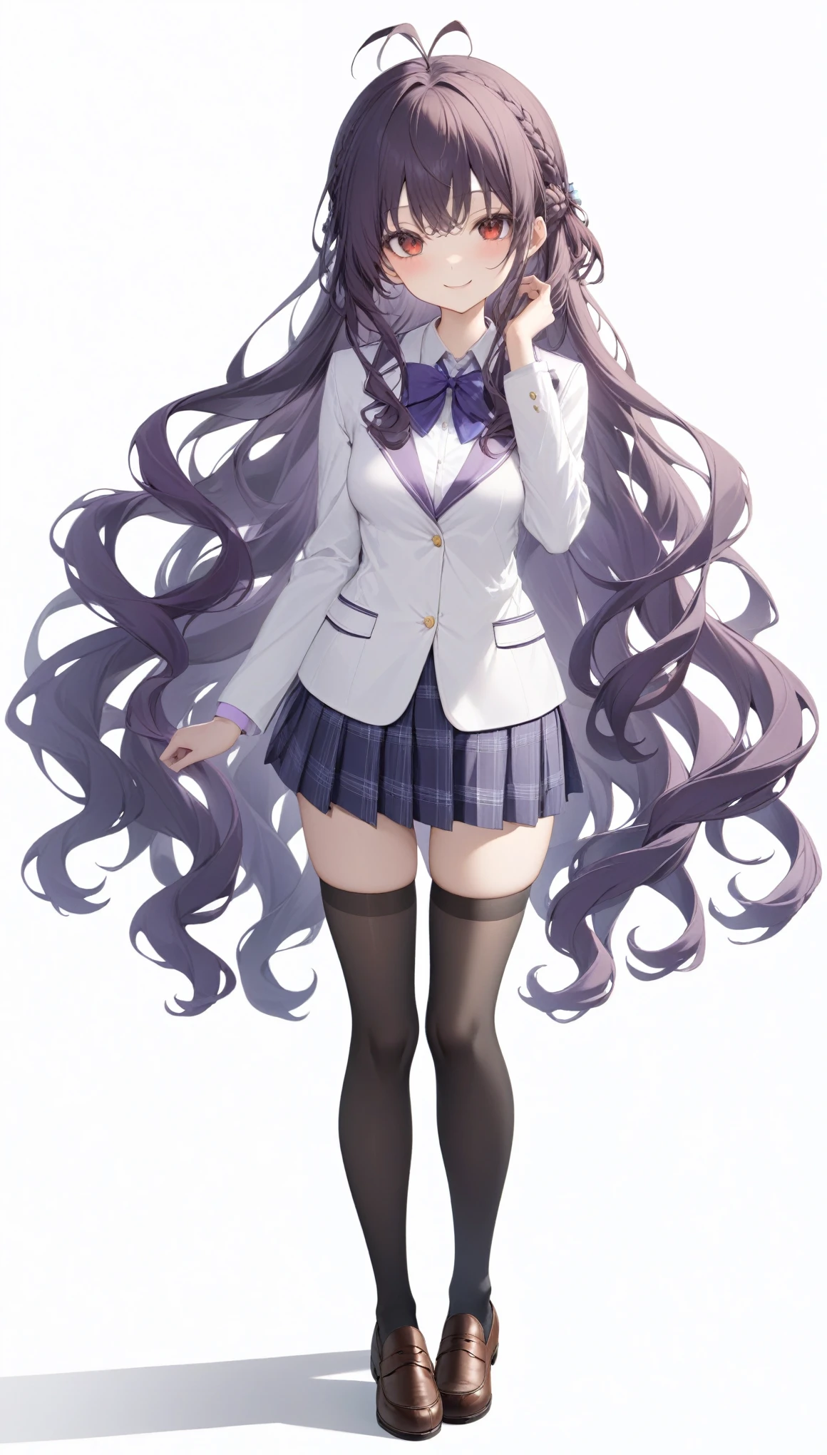 {{masterpiece}}、((White background))、very detailed hands、 Attention to Details 、(( 1 girl))、 slender、 medium breasts、 solo full body shot、 Viewers' Perspective 、(smile)、((dark purple long hair 、wavy hair、antenna hair、Crown braid、Red eyes:1.3))、｛school uniform,White color  blazer}、black color thigh-high socks、 loafers in white、hand in own hair、 standing