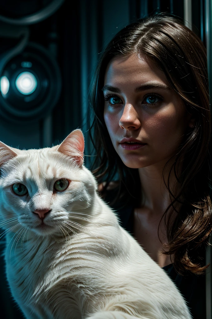 A close-up portrait of a white cat with a brunette girl in a parallel universe, hyper detailed, cinematic, dramatic lighting, intricate sci-fi environment, neon lights, floating islands, alien architecture, glowing crystals, volumetric fog, futuristic, highly detailed, photorealistic, 8k, masterpiece, award winning, cinematic composition, dramatic angles, mood lighting, epic scale, sense of wonder, awe-inspiring
