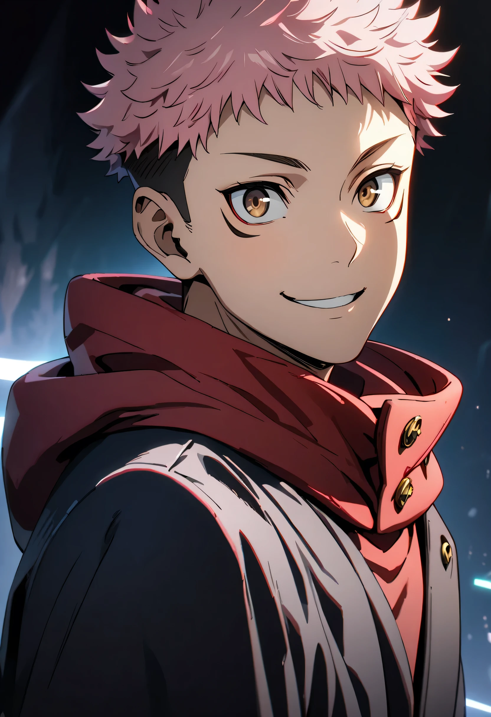 masterpiece, best quality, 1boy, itadori yuuji, pink hair, spiked short hair, undercut, brown eyes, facial mark, red hoodie, gakuran, jacket, upper body, solo, looking at viewer, smile, simple background best quality, high resolution, distinct image, Cinematic light, intricate_detail, highres, official art, finely detailed beautiful face, high-resolution illustration, 8k, dark intense shadows,  Dynamic Range, tonemapping, crisp details, Beautiful Finger,Beautiful body,Beautiful Nose,Beautiful character design, (perfect eyes), perfect face,expressive eyes,perfect balance, rule of three