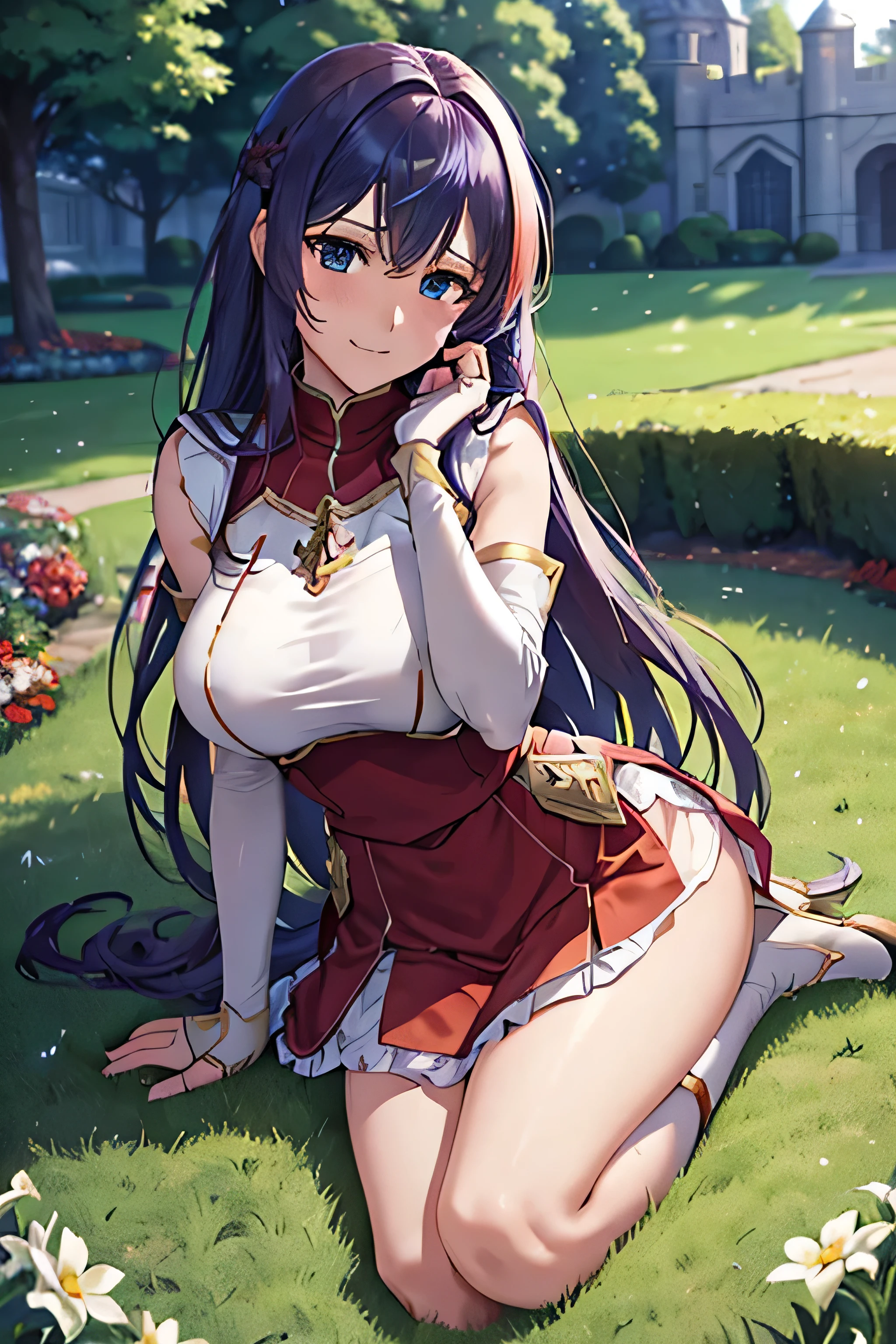 (top-quality, 8k, masterpiece,    High Quality, ,  Super Details , , (   delicate smooth skin   ,   realistic skin,    Perfect and Beautiful Face  ,Perfect and pretty face,   High Detail Skin  ,  perfect body for a lawn)),   1 girl , armor ,   ass focus   ,   blue eyes ,castle town、 ,((  Embarrassing Shy Laugh ,  Your face is bright red )),  fingerless gloves , Arm guard、Shoulders/Arms/Smaller Breasts ,  , Long Blue Hair , Cute gestures ,   medium chest  ,   Pegasus Night Uniform (  Fire Emblem  ) , Red and white flared skirt、 Alone ,  Woman with Dark Hair   、Castle gardens 、  、Sit on the ground、  legs、  lace panties(、 ,Arms to chest pose),  