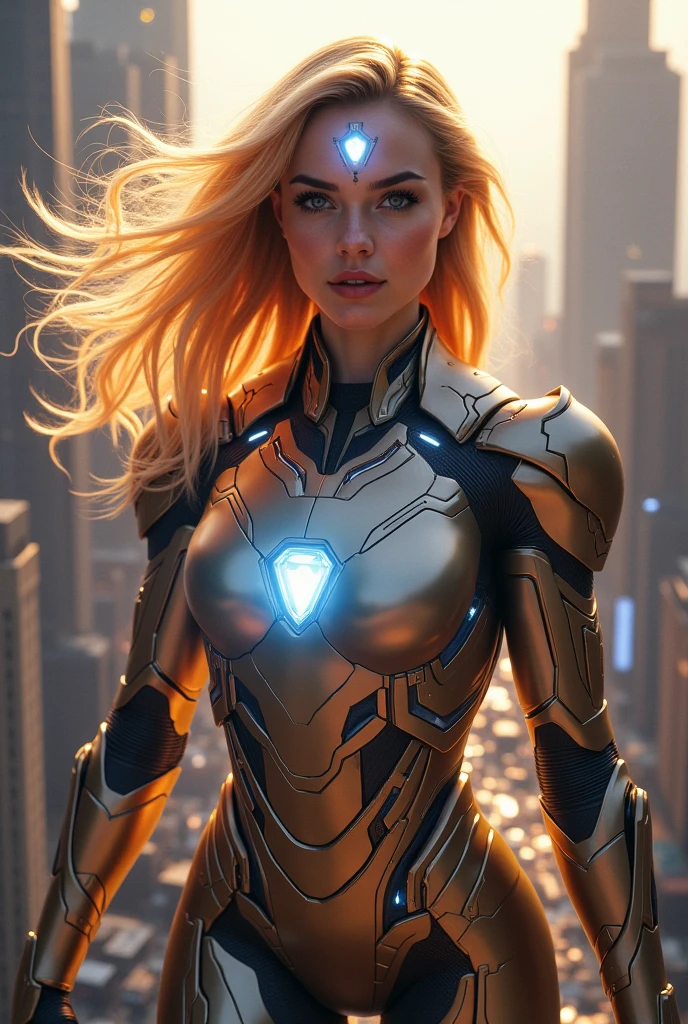 Make a blonde woman in the Ironman costume and who has a gem on her head