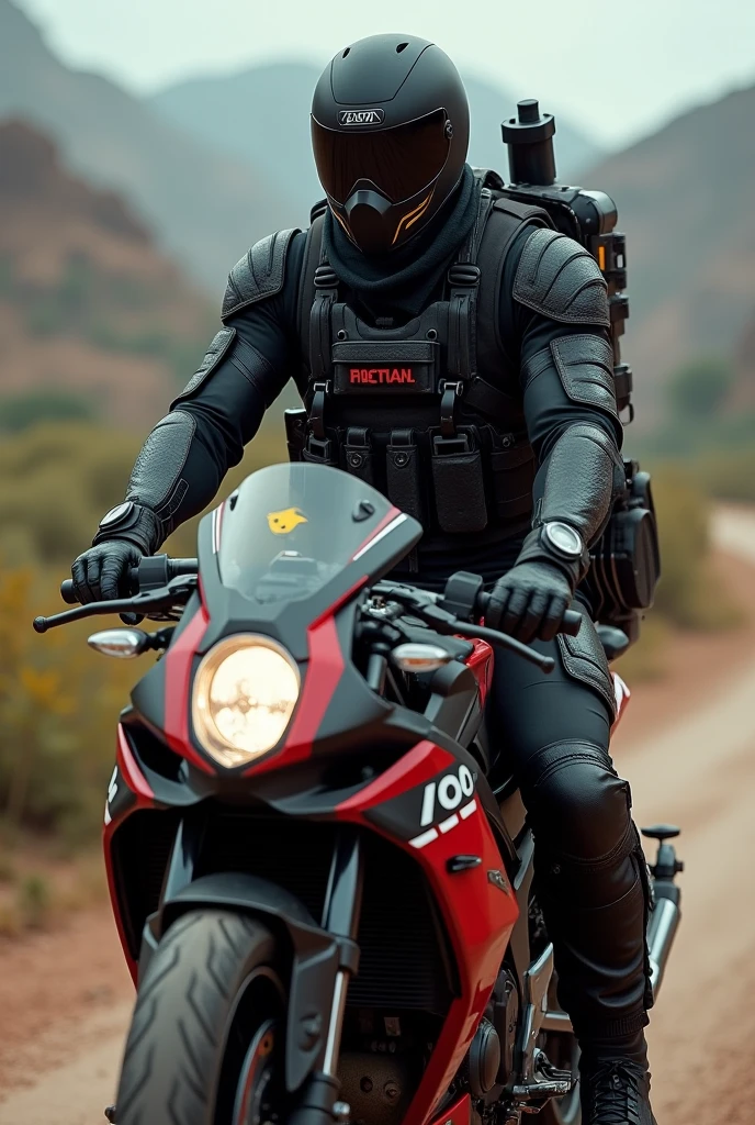 A deadly assassin equipped with deadly weapons ridding a black bike with red stripes with papua new guinea flag musk