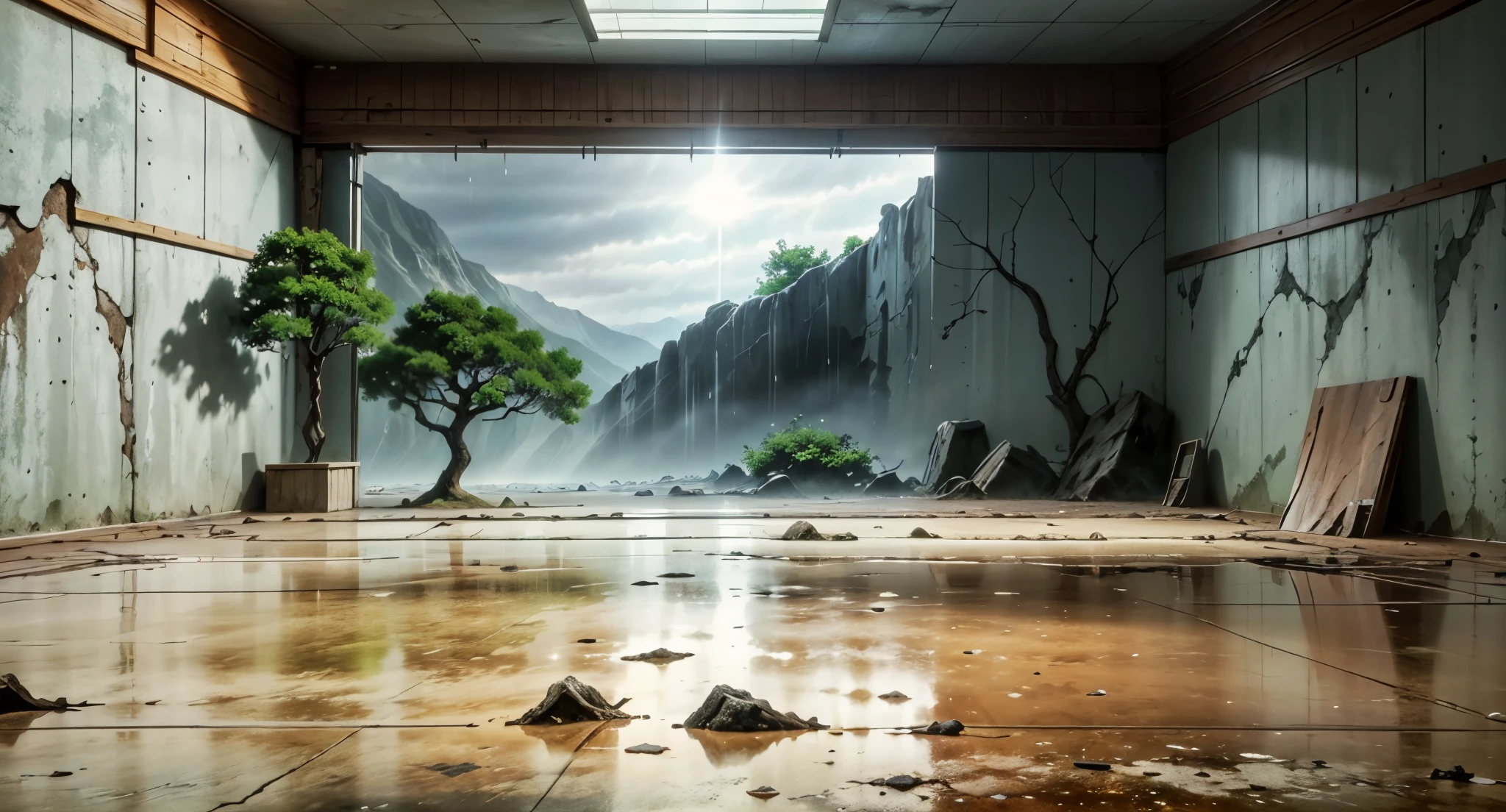 The Urahara Shop Study Chamber is a large room with a ceiling and walls painted to resemble a cloudy sky over a floor of desolate, brown, craggy land dotted with dead trees.

Rainy Sky. (Raindrops falling)

(Daytime) ((Light Sky)) (GREY) 

High Quality,
UHD Quality,
2k,
4K Resolution,
8K Resolution,