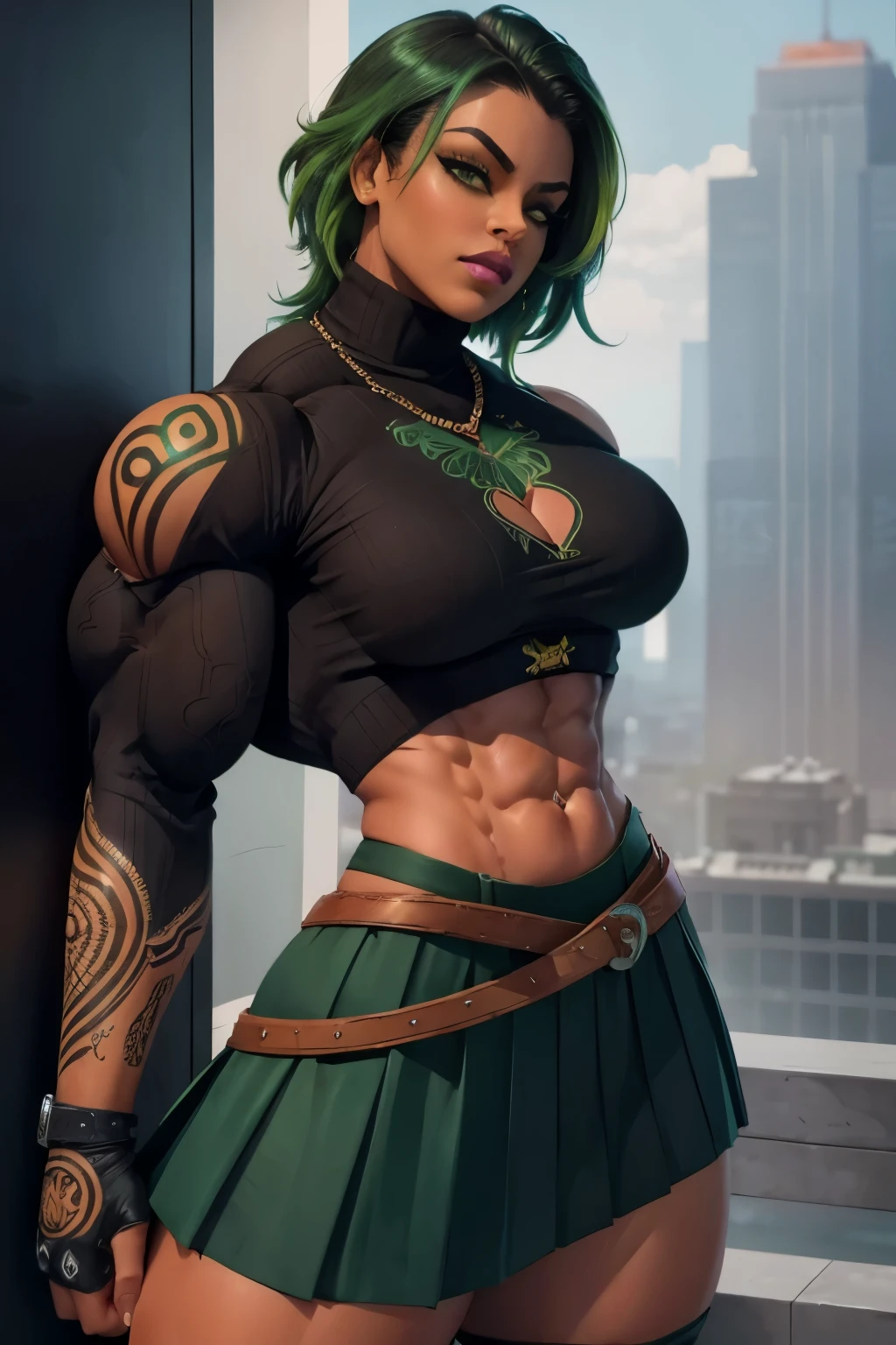 (solo:1.1),(masterpiece), (best quality:1.3), highly detailed, intricate, professional art, digital art, absurdres, confidant, emerald sustrai, futanari emerald sustrai wearing a crop top with arm gloves and pants confidently in a club,(Black see through top:1.4), (pants:1.6), 1girl, solo, (dark skin:1.5), green hair, bob hair, gold hoop earrings, gold jewellery, ab lines,(gold navel piercing:1.1), detailed stomach, red eye colour, dark skin, average breasts, (aroused:1.2), (futanari:1.1), (wide hips:1.4), (makeup 1:1), beestung lips, (black lipstick:1.3), large penis, panty straps riding hips, (large crotch bulge:1.4), crotch bulge, large testicles , furniture, frontal view, universal lighting