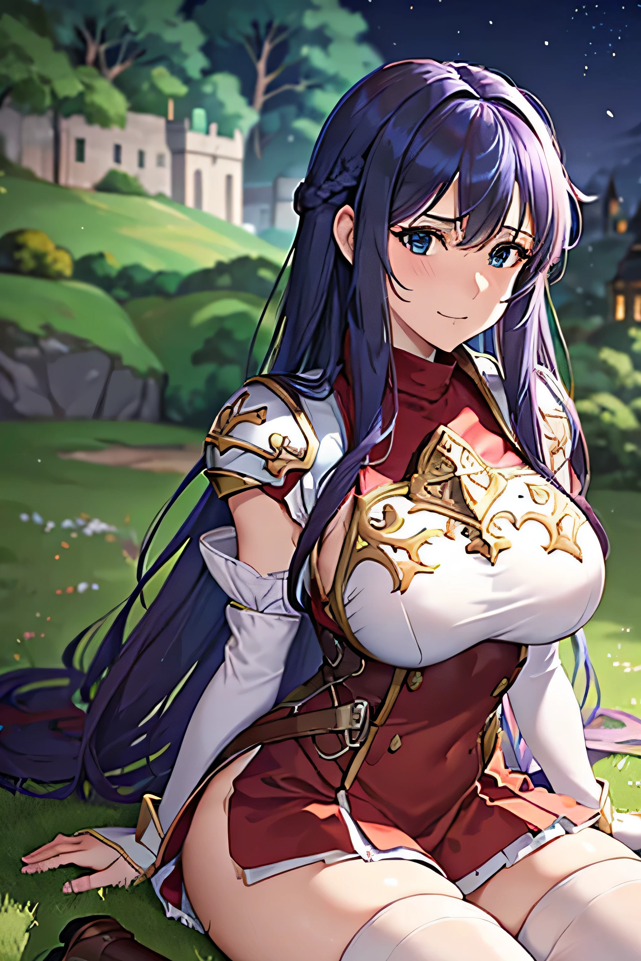 (top-quality, 8k, masterpiece,    High Quality, ,  Super Details , , (   delicate smooth skin   ,   realistic skin,    Perfect and Beautiful Face  ,Perfect and pretty face,   High Detail Skin  ,  perfect body for a lawn)),   1 girl , armor ,   ass focus   ,   blue eyes ,castle town、 ,((  Embarrassing Shy Laugh ,  Your face is bright red )),  fingerless gloves , Arm guard、Shoulders/Arms/Smaller Breasts ,  , Long Blue Hair , Cute gestures ,   medium chest  ,   Pegasus Night Uniform (  Fire Emblem  ) , Red and white flared skirt、 Alone ,  Woman with Dark Hair   、Castle gardens 、  、Sit on the ground、  legs、  lace panties(、 ,Arms to chest pose),  