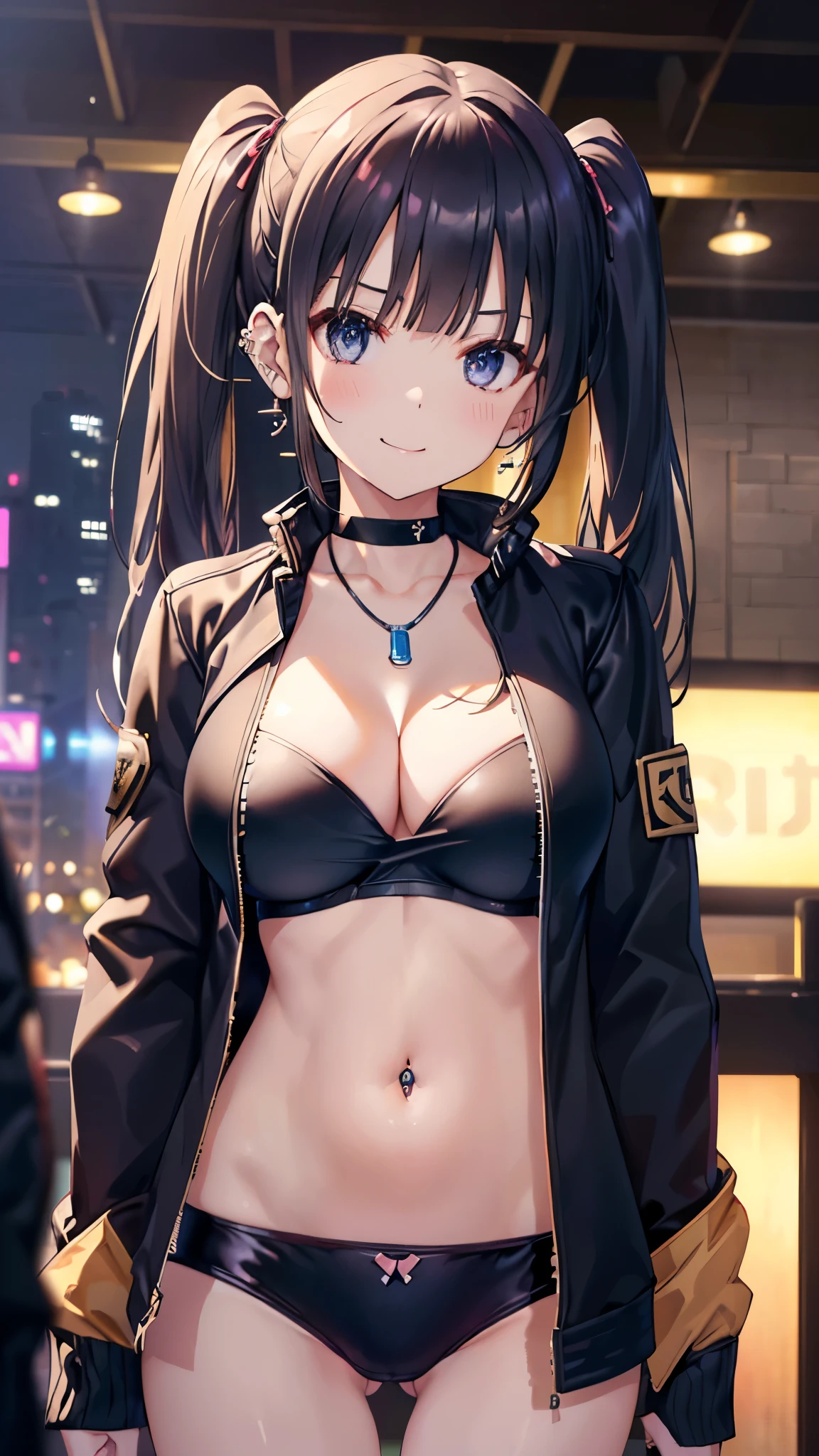 (8K、Highest image quality、highest quality、masterpiece)、detailed face,gigantic breast、1 girl、black hair、(( twintails))、blunt bangs,shiny eyes、((large breast:1.5)),punk costume:1.2,(( jacket:1.5)),((Cleavage,plunging, pendant,navel pierce))、cleavage、((navel pierce:1.4))、((groin:1.4))、((standing,straight on,tachie:, from front1.5))、(face focussmile,happy:1.6),  arms on behind、cowboy shot,beautiful background、(indoor,nightclub),POV
