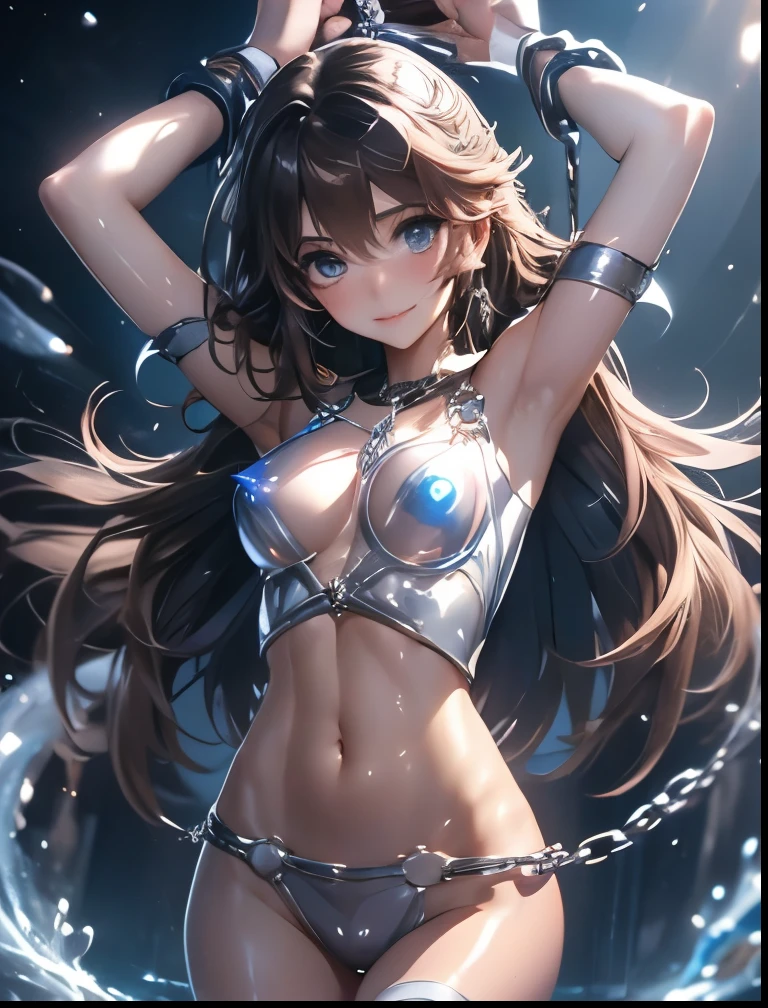 (((SFW、Precision、Highest quality、A first-class masterpiece、Normal body、8k、 Detailed Face 、Ultra-precision、 Normal hand、5refer to、Highest)))、 Surprised by her clothes, she blushes shyly while wearing a shiny transparent silver ultra-thin futuristic high-leg body paint suit with obscene, obscene, and erect nipples that show through、『Puyo Puyo』、Navel exposed、flanks exposed 、Back exposed、Exposing Thighs 、Nipple erection、Half naked、 I'm surprised、 and is being held、 raise your hands and chain bondage
