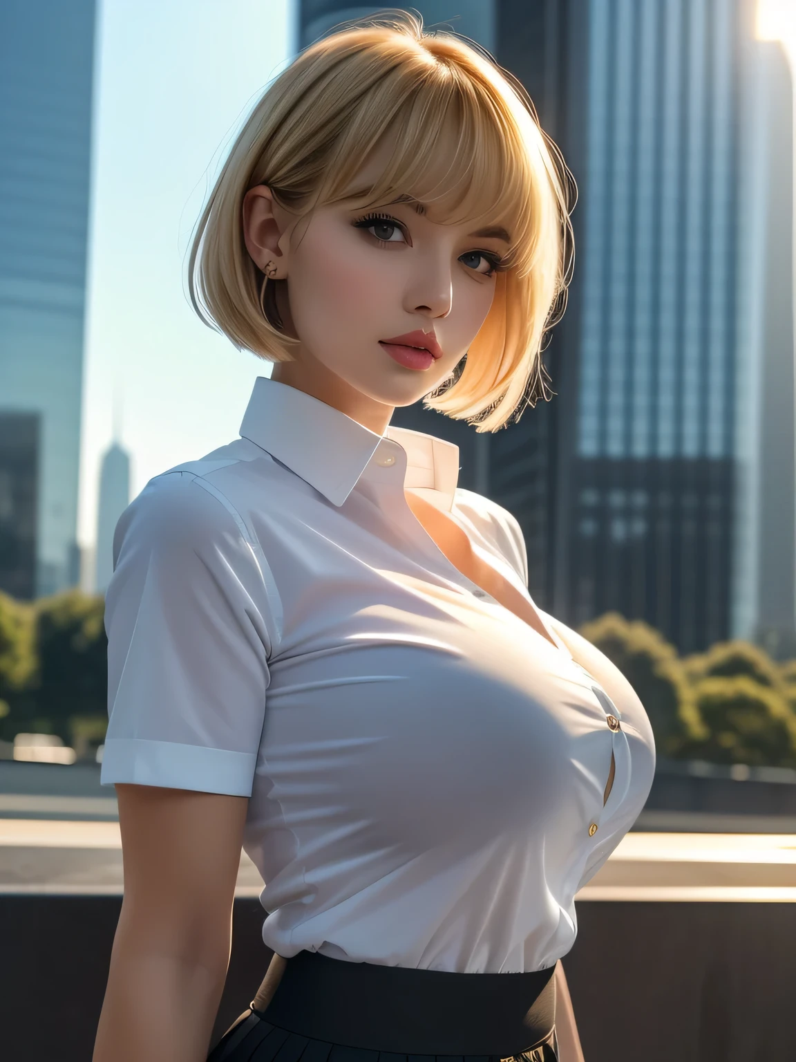 Tight-fitting business shirt, Tight-fitting short sleeves, High-waisted Tight-fitting skirt, (Shirt tucked into skirt:1.3), Road in front of the company, Skyscrapers in the background, Daytime, Sunshine,
4K Quality, (High Resolution:1.3), (Realistic photo:1.3), (Raw photo:1.1), (Extremely detailed photo), Absolute masterpiece,
(Looking at the viewer), Staring, Standing,
(Big breasts:1.2), (Lip make-up), Glossy skin, Blond, Bangs, Short wavy bob, Ultra pretty girl