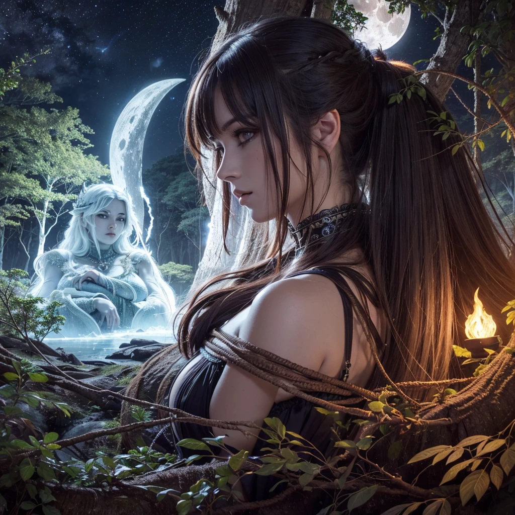 Goddess of the Moon,  forests of closed forests ,  mighty rivers ,  nocturnal tropical vegetation, full moon night,  shadows and darkness , evil spirits ,  pagan rituals ,   extremely detailed, high resolution,  high contrast ,  high definition,  perfect proportions ,  high saturation , perfect asymmetry , bright, FIRST WORK