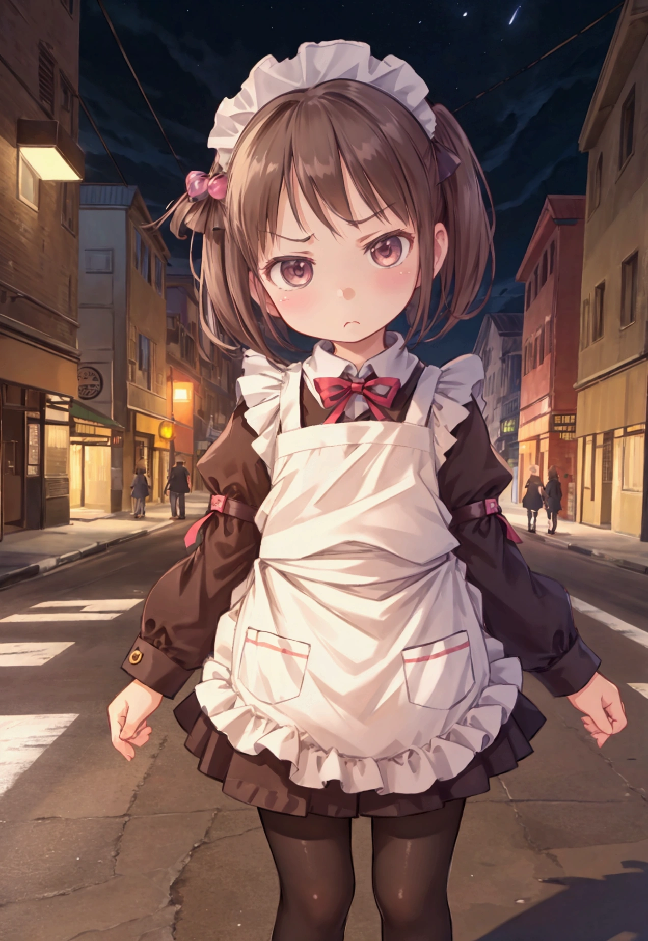 masterpiece, best quality, high definition ,Anatomical,Realistic, detailed description , perfect lighting,8k,kawaii,(Western-style building),Dispatch items,Maid,((１People s)),,Petite,flat body ,(Maid服),tights, one-strap loafers, grumpy face,Glare,pistol,