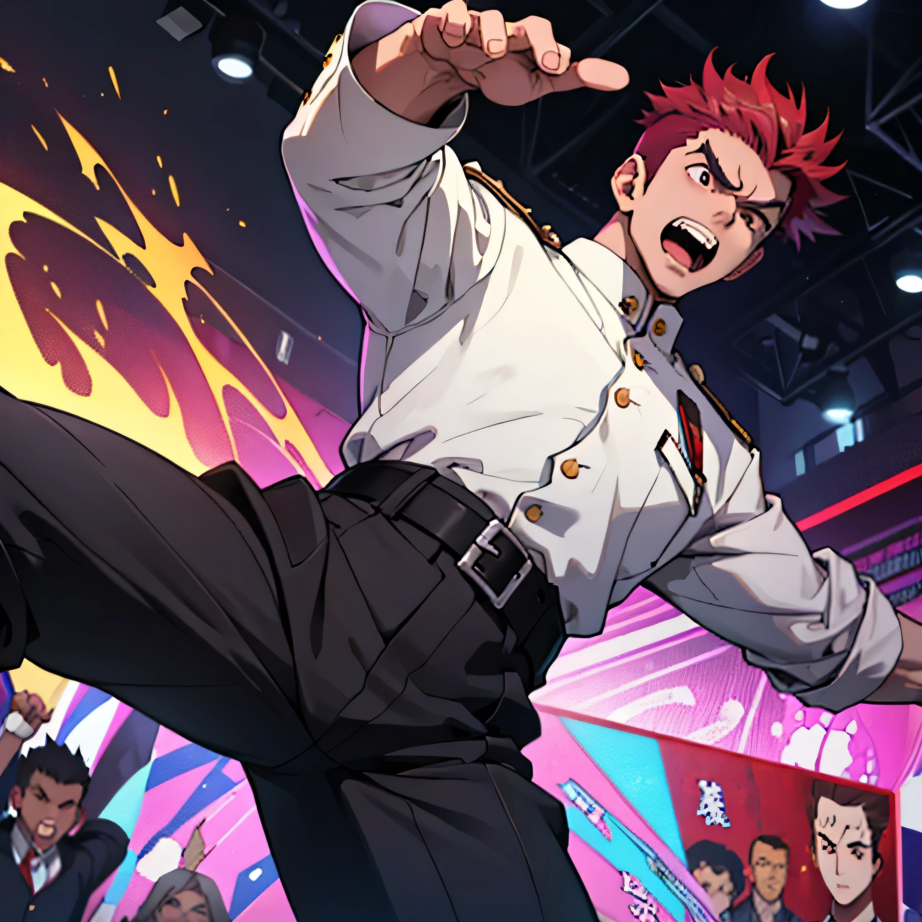 Age 25,, Purple military uniform、 black slim pants , black belt、cool battle pose、Spread your legs wider,black belt,logic, Gay , red hair, short hair on the side of the uniform,Lightly set hair with thick eyebrow wax、Masculine,salaryman,Mob characters,bad student、View from below Open your mouth wide and scream painful face face up