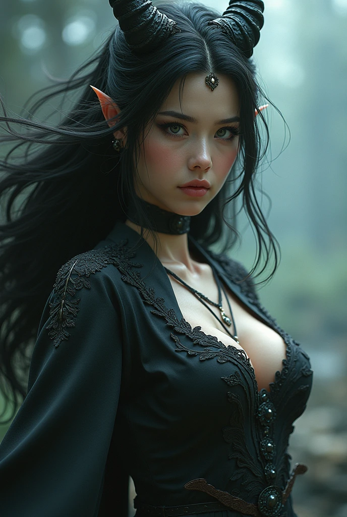 Elowen is a 25-year-old woman with long black hair that falls in waves over her shoulders.., standing out against her pale skin.. A Rainha'Your eyes are like deep emeralds, Elowen'The skin is pale and blemish-free, giving it an ethereal appearance. Sua tez destaca-se ainda mais pela intensidade dos olhos verdes. Elowen possui uma estatura graciosamente alta, mantendo-se altivo e elegante em sua postura. Trajes reais elaborados, adorned with symbolic details of the kingdom, Valorize sua beleza natural. Elowen usa joias importantes, A diadem of rubies adorns her head, um colar com uma esmeralda muito bonito.