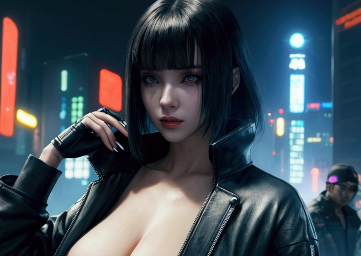 Sexy cyberpunk girl with a dystopian blade runner-style futuristic cyberpunk city
