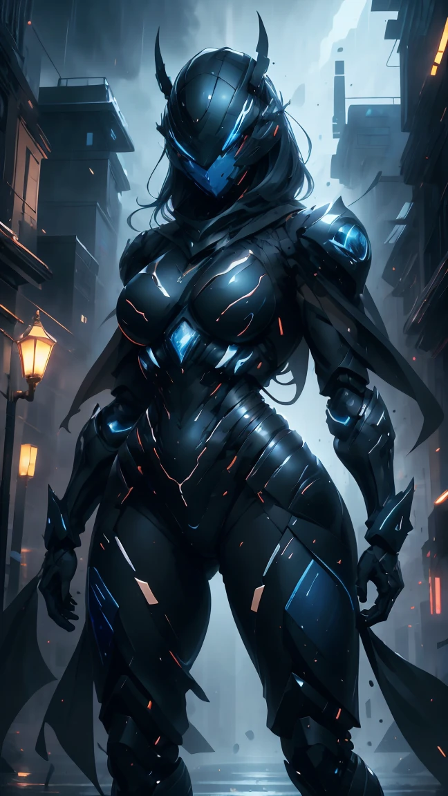 Masterpiece, best quality, highly detailed, cyborg women, sexy cyborg women, elegant cyborg, ((black and blue) cyborg), Mechanical body and helmets, (fullface helmet with horn)), black visor, slim waist, wide hips, thick thighs, athletic, proportional body, (waist cape), long sword, ((black and blue color scheme:1.2)), hairless, (8K), Wallpaper, UHD, HDR, intricate details, complex design, ultra detailed, hyper realistic, lifelike, realistic texture, smooth texture, shadows, dynamic lighting, (City at night), standing in rain, Beautiful scenery, Magical Atmosphere, Melancholic, Light Rain, Light blue Crystal particles