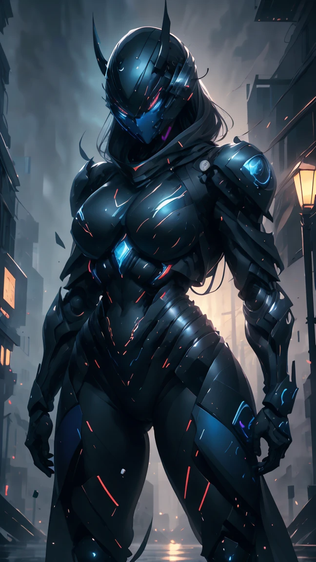 Masterpiece, best quality, highly detailed, cyborg women, sexy cyborg women, elegant cyborg, ((black and blue) cyborg), Mechanical body and helmets, (fullface helmet with horn)), black visor, slim waist, wide hips, thick thighs, athletic, proportional body, (waist cape), long sword, ((black and blue color scheme:1.2)), hairless, (8K), Wallpaper, UHD, HDR, intricate details, complex design, ultra detailed, hyper realistic, lifelike, realistic texture, smooth texture, shadows, dynamic lighting, (City at night), standing in rain, Beautiful scenery, Magical Atmosphere, Melancholic, Light Rain, Light blue Crystal particles