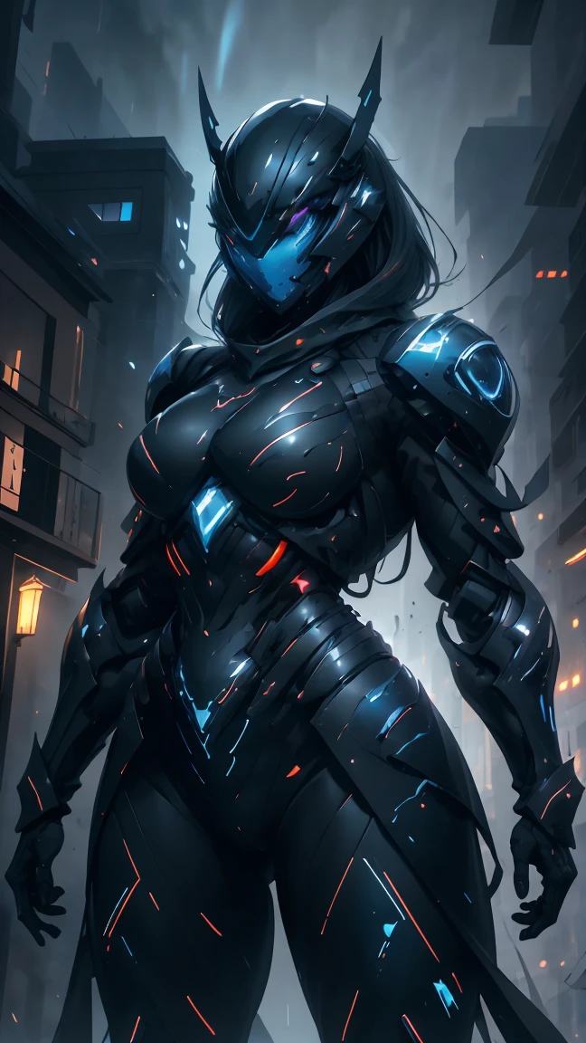 Masterpiece, best quality, highly detailed, cyborg women, sexy cyborg women, elegant cyborg, ((black and blue) cyborg), Mechanical body and helmets, (fullface helmet with horn)), black visor, slim waist, wide hips, thick thighs, athletic, proportional body, (waist cape), long sword, ((black and blue color scheme:1.2)), hairless, (8K), Wallpaper, UHD, HDR, intricate details, complex design, ultra detailed, hyper realistic, lifelike, realistic texture, smooth texture, shadows, dynamic lighting, (City at night), standing in rain, Beautiful scenery, Magical Atmosphere, Melancholic, Light Rain, Light blue Crystal particles