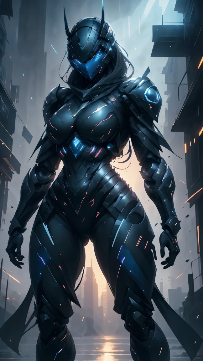 Masterpiece, best quality, highly detailed, cyborg women, sexy cyborg women, elegant cyborg, ((black and blue) cyborg), Mechanical body and helmets, (fullface helmet with horn)), black visor, slim waist, wide hips, thick thighs, athletic, proportional body, (waist cape), long sword, ((black and blue color scheme:1.2)), hairless, (8K), Wallpaper, UHD, HDR, intricate details, complex design, ultra detailed, hyper realistic, lifelike, realistic texture, smooth texture, shadows, dynamic lighting, (City at night), standing in rain, Beautiful scenery, Magical Atmosphere, Melancholic, Light Rain, Light blue Crystal particles