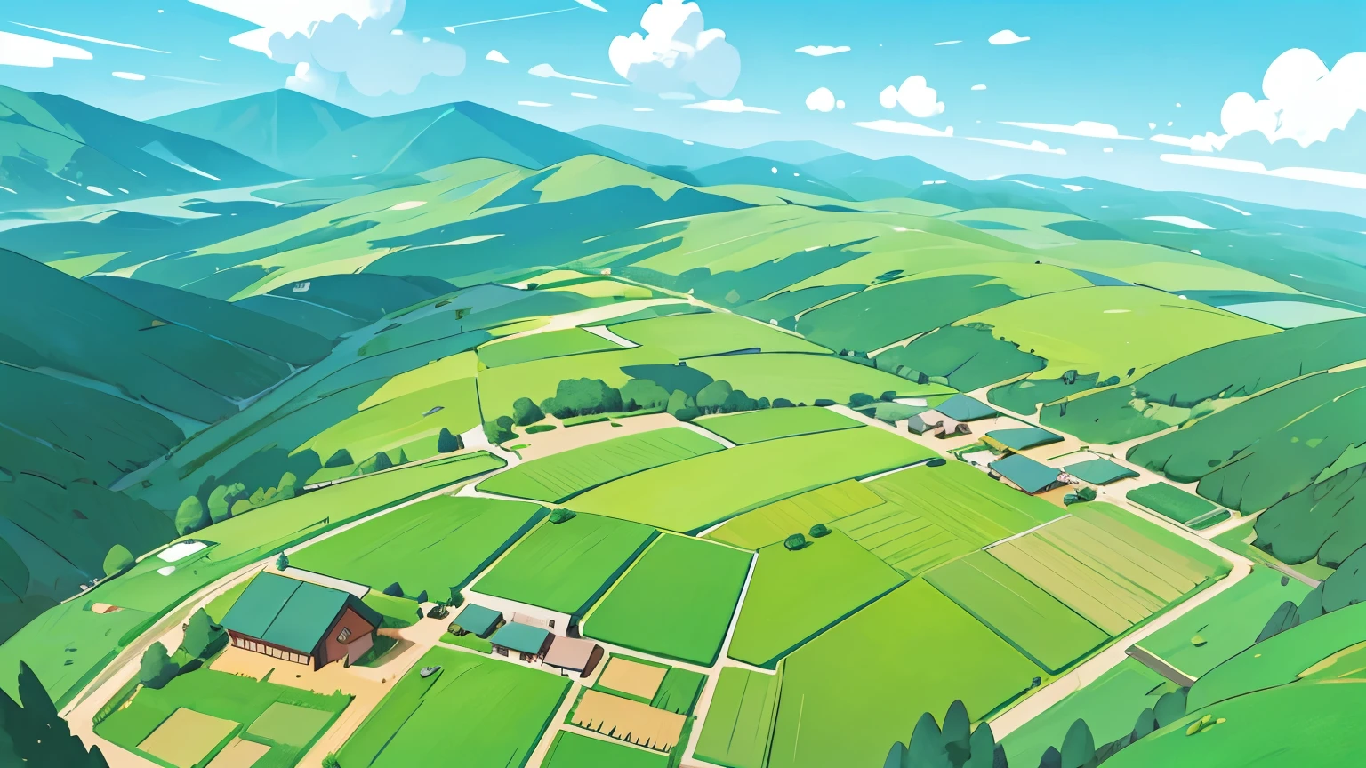 Background illustration of a mountain ranch seen from above、Wide grassland、Bright and refreshing、flower