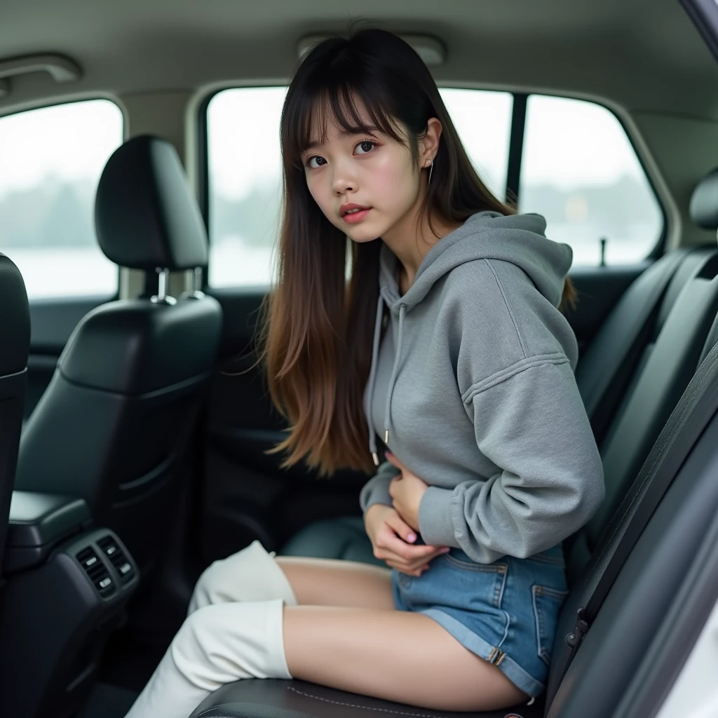 best quality, masterpiece, ultra high res, photorealistic, 1girl, smile, thick very oversized grey hoodie, hood up, no pants