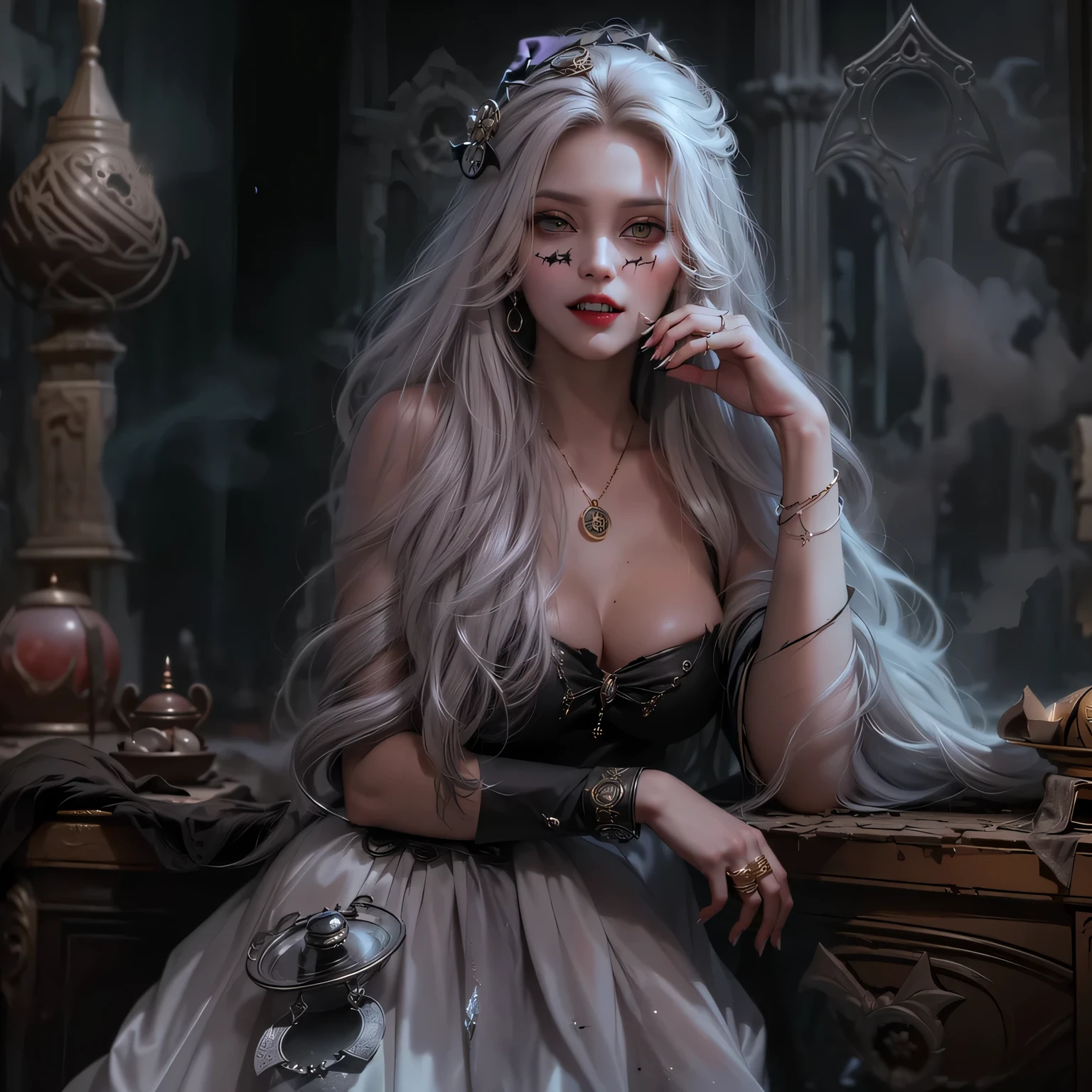 (Absurd, high quality, ultra -compared, careful with the hand) woman 30 years old, victorian era,victorian clothes, (white dress), dark castle, a woman (witchcraft), very long blond hair (blond hair), (gray eyes) . Indifferent look , merciless. among the skulls, dinamic poses, egoist smile, sitting on the ground
