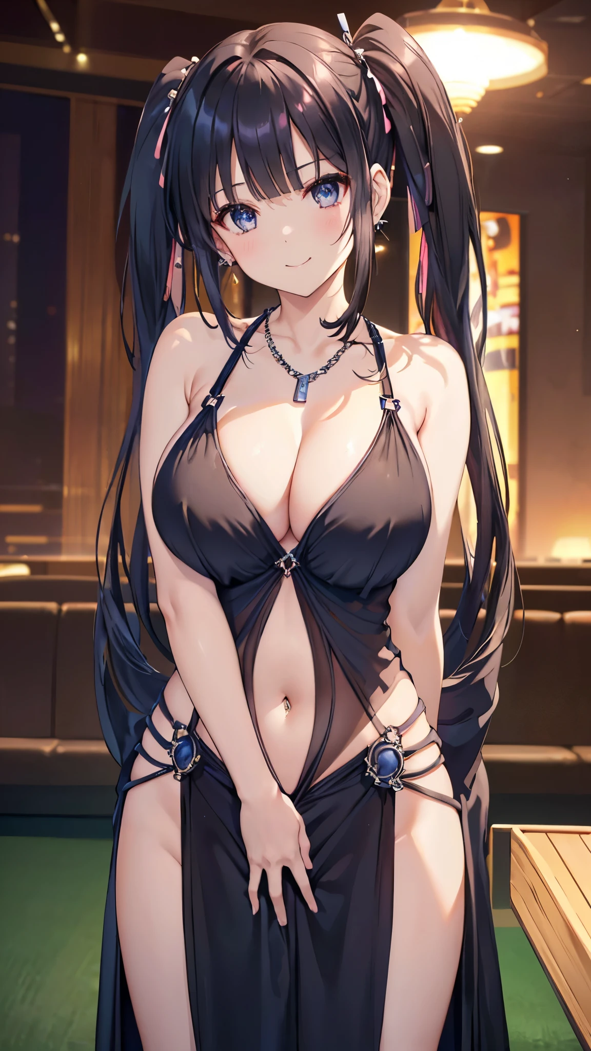 (8K、Highest image quality、highest quality、masterpiece)、detailed face,gigantic breast、1 girl、black hair、(( twintails))、blunt bangs,shiny eyes、((large breast:1.5)),punk costume:1.2,((evening gown:1.5)),((Cleavage,plunging, pendant,navel pierce))、cleavage、((navel pierce:1.4))、((groin:1.4))、((standing,straight on,tachie:, from front1.5))、(face focussmile,happy:1.6),  arms on behind、cowboy shot,beautiful background、(indoor,nightclub),POV
