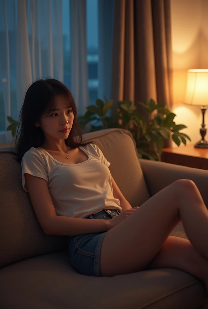 Living room at night with soft lights。A fair-skinned young Japanese woman leaning on a sofa。A fitted t-shirt and shorts。Smiling。