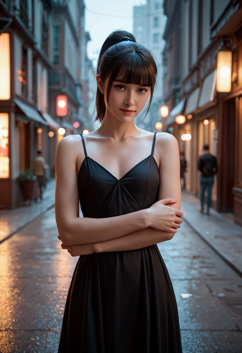 （From above：1.2），Sharp focus，Volumetric fog，upper-body，college student，Little black dress，Summer clothes，New，Wind fungus，Side collar，splicing，High waist，Long model，puled up dress，Korean version，lady，