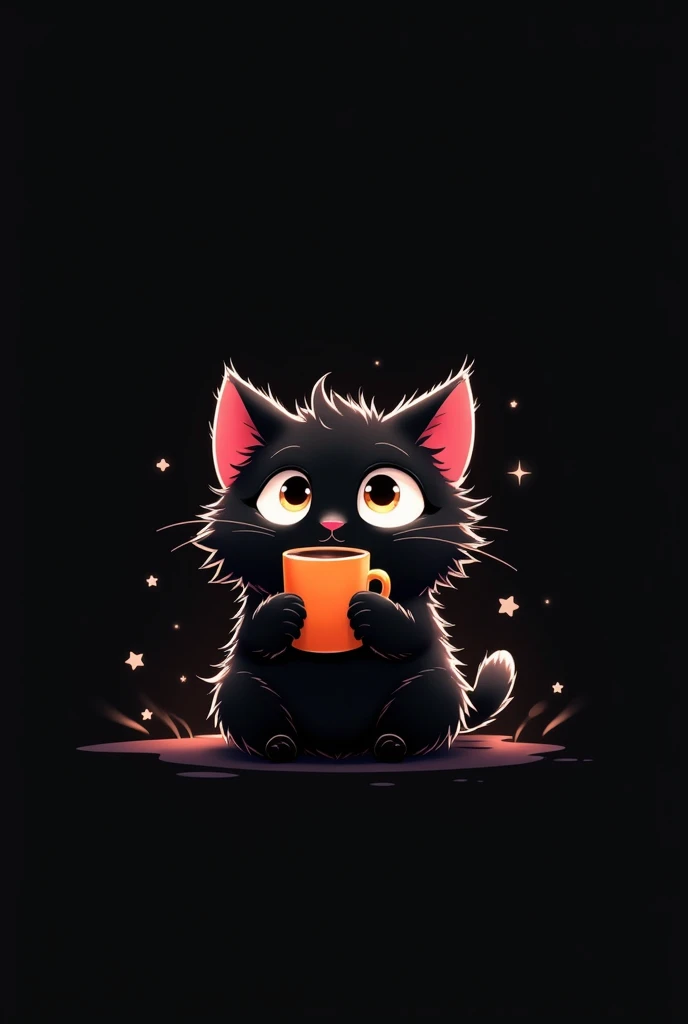 A whimsical and charming illustration of a fluffy black cat with exaggeratedly large, round eyes, holding a bright orange cup in its tiny paws. The cat has spiky, unruly fur with subtle highlights, and its small, triangular ears are tipped with a soft red hue. The background is minimalistic and dark, emphasizing the cat's expressive and slightly surprised look. The lighting is soft, creating a subtle glow around the cat's silhouette, adding depth and warmth to the scene. The overall composition is simple yet captivating, blending a humorous and endearing tone with clean, stylized details.invert color,glow line, invert outline,glow,shine,