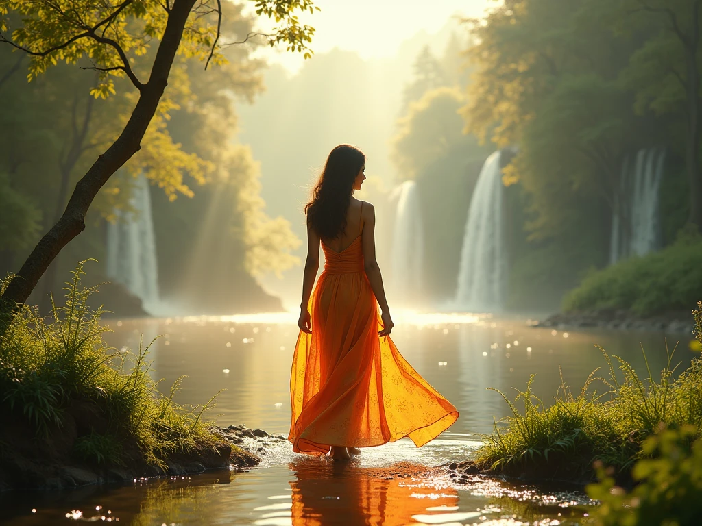 A river flowing middle of the jungle, in Early morning stars are shining, tree full of flowers are in the both side of the river, flowers are floating both side of the river, a goddess is bathing in the river wearing saffron costume.