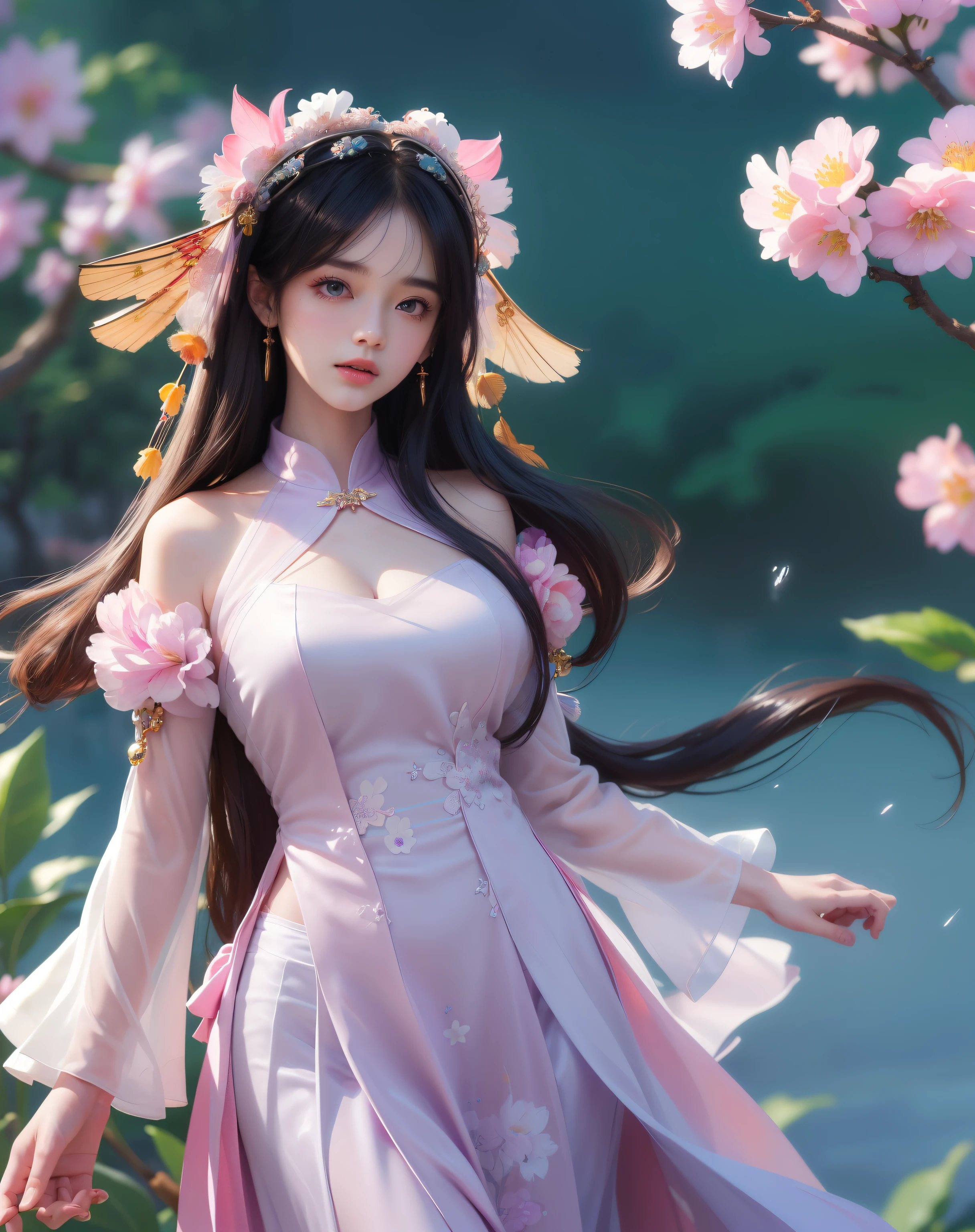 (8k, RAW photo:1.2), best quality, ultra high res,dramatic angle,(fluttered detailed color splashs), (illustration),(((1 girl))),(long hair),(rain:0.9), (Headdress:1.4),There is an ancient palace beside the girl,Hanfu,(Key Points),Color ink painting,(Splash of Color),Splash of Color,(((colorful))),(sketch:0.8) , Masterpiece, best quality, beautiful painted, highly detailed,(denoising:0.6),[splash ink],((ink refraction)), (beautiful detailed sky),moon,highly,detaild,(masterpiece, best quality, extremely detailed） CG Unity 8k Wallpaper，masterpiece，best quality，Ultra Detailed），（Lycoris）. hanfu open v open V-chested clothes Thin silk lace dress , (huge ，cleavage),, white pink and gren，best qualtiy，tmasterpiece，Ultra-high resolution，（Reality：1.4），RAW photogr，（True skin texture：1.3），（filmgrain：1.3），（Selfie angle），1个Giant Breast Girl，Beautiful eye and face details，tmasterpiece，Best quality at best，，The chest more exposed， detailed hair, bra purple and green , detail 8k, upper body, ignette transparent fabric flower, purple and blue pink white, ignette transparent  short skirt