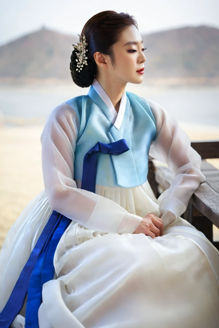 A Korean man in women's hanbok, hi is crossdresser, His face and hairstyle are very masculine, silk, Mother of the Bride hanbok Dress Outfit, breasts like a woman, white blue, slender female body, sexy see-through jacket, satin, little side view, sit quietly