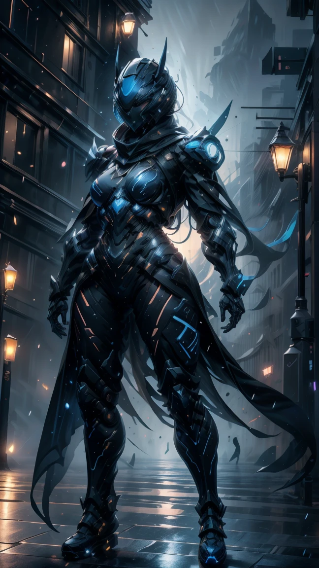 Masterpiece, best quality, highly detailed, cyborg women, sexy cyborg women, elegant cyborg, ((black and blue) cyborg), Mechanical body and helmets, (fullface helmet with horn)), black visor, slim waist, wide hips, thick thighs, athletic, proportional body, (waist cape), long sword, ((black and blue color scheme:1.2)), hairless, (8K), Wallpaper, UHD, HDR, intricate details, complex design, ultra detailed, hyper realistic, lifelike, realistic texture, smooth texture, shadows, dynamic lighting, (City at night), standing in rain, Beautiful scenery, Magical Atmosphere, Melancholic, Light Rain, Light blue Crystal particles